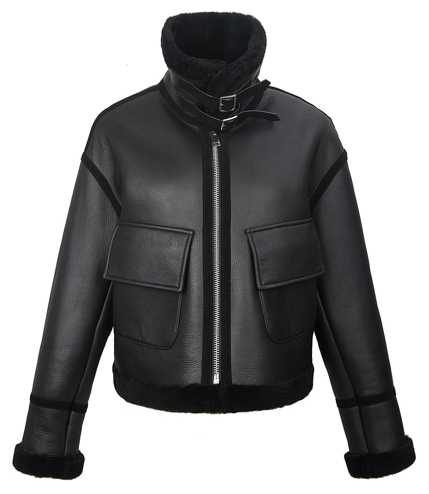 FLAVOR Classic Shearling Jacket for Womens Bomber Leather Winter Jacket Warm Black (Black, XL)