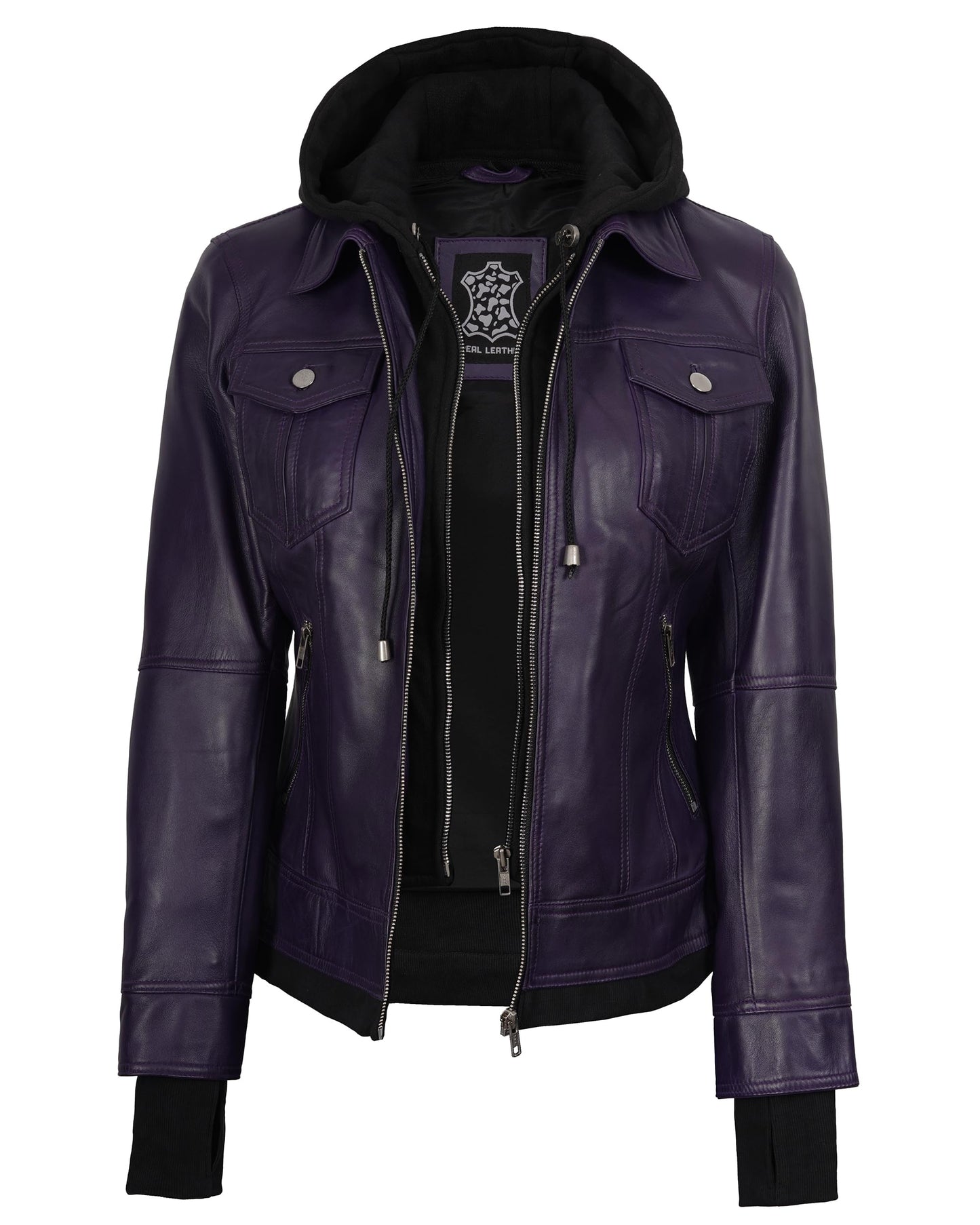 Decrum Hooded Leather Jacket Women - Leather Bomber Jacket Women | [1326966] Tralee Purple, 2XL