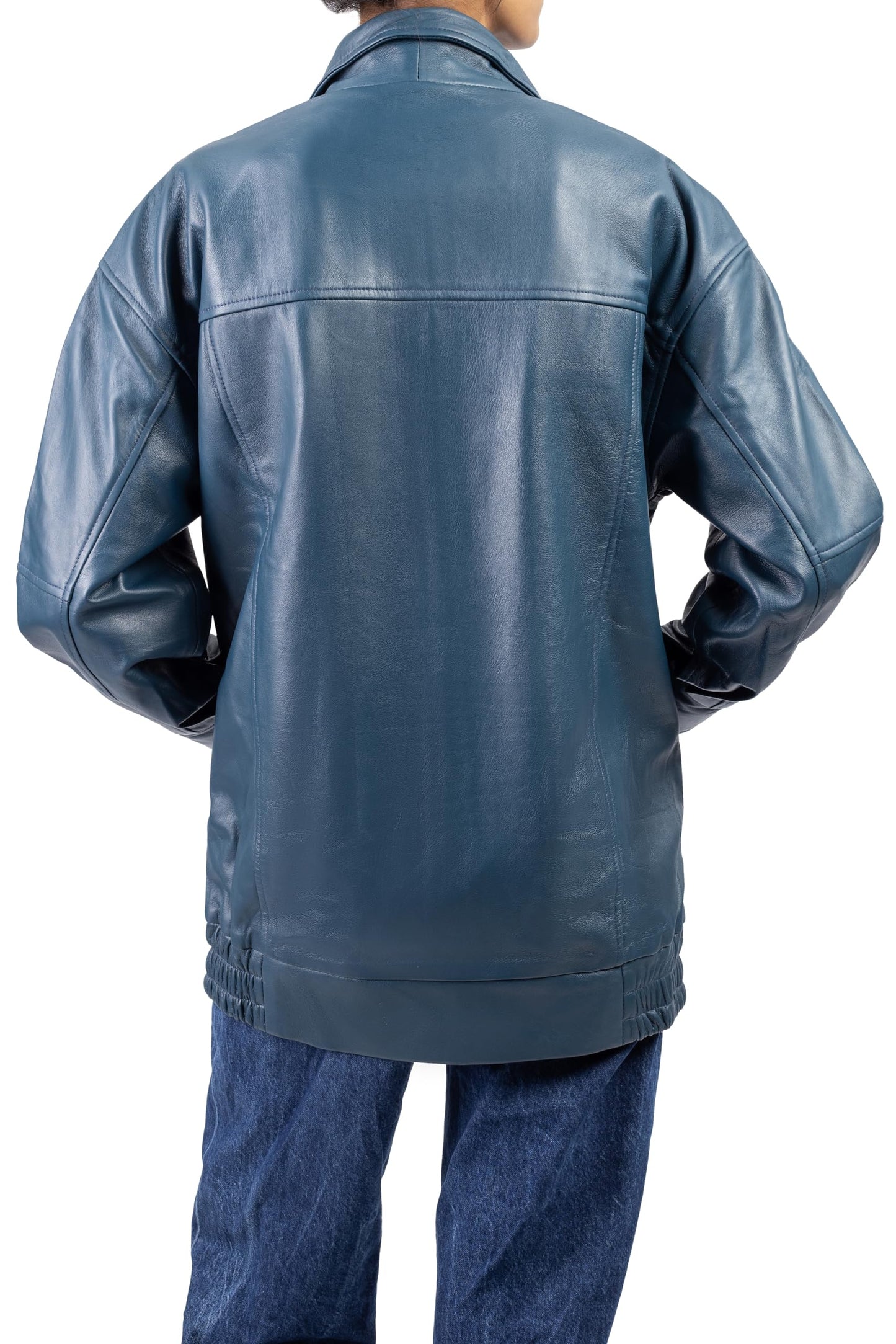 Jild Oversized Leather Jacket Women - Lambskin Leather Fall Jacket for Womens Fashion Plus Size Outfits (OSW-Blue-L)
