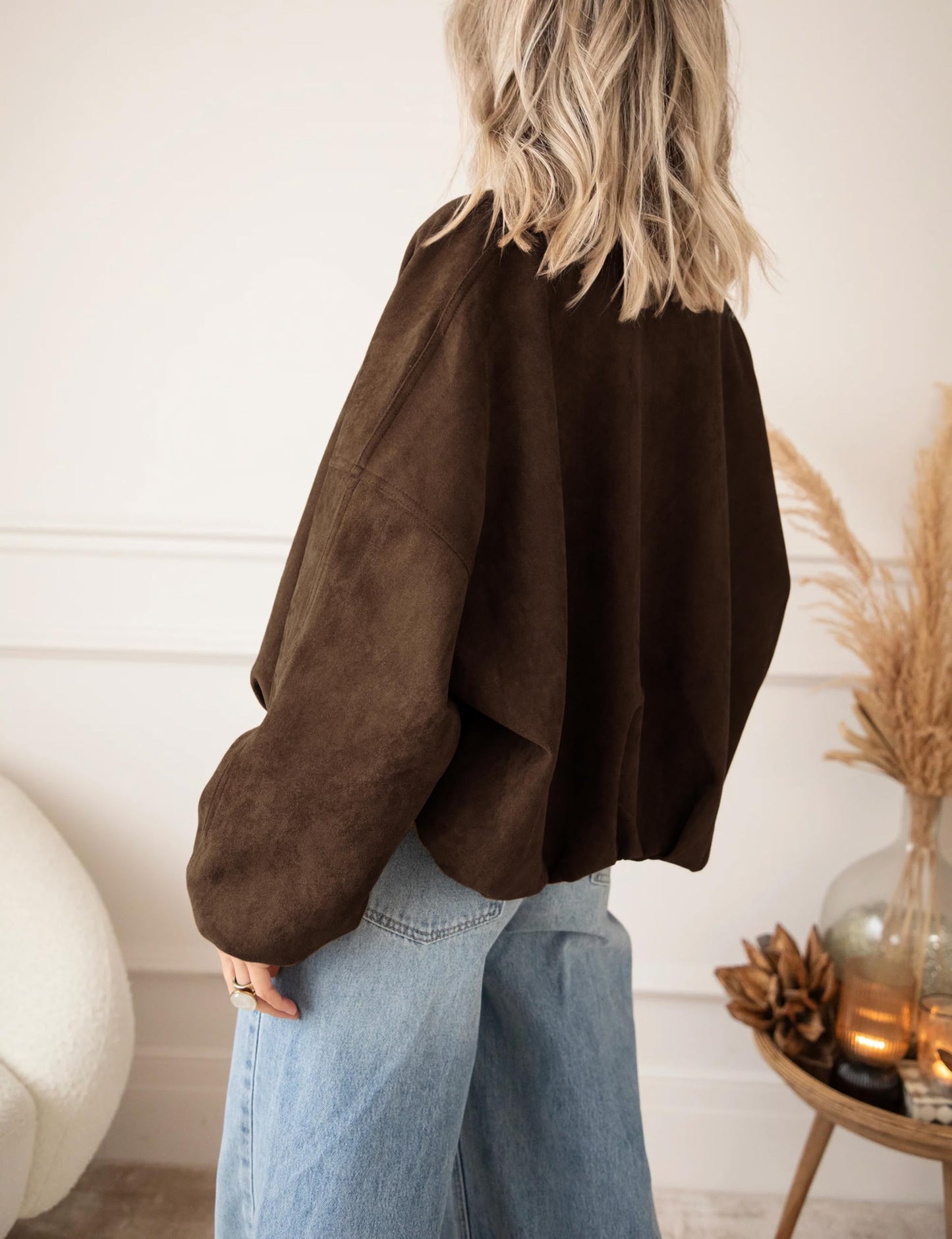 Tanming Womens Faux Suede Leather Jacket Casual Oversized Long Sleeve Zip Up Bomber Jackets Coats Outerwear(Coffee-M)