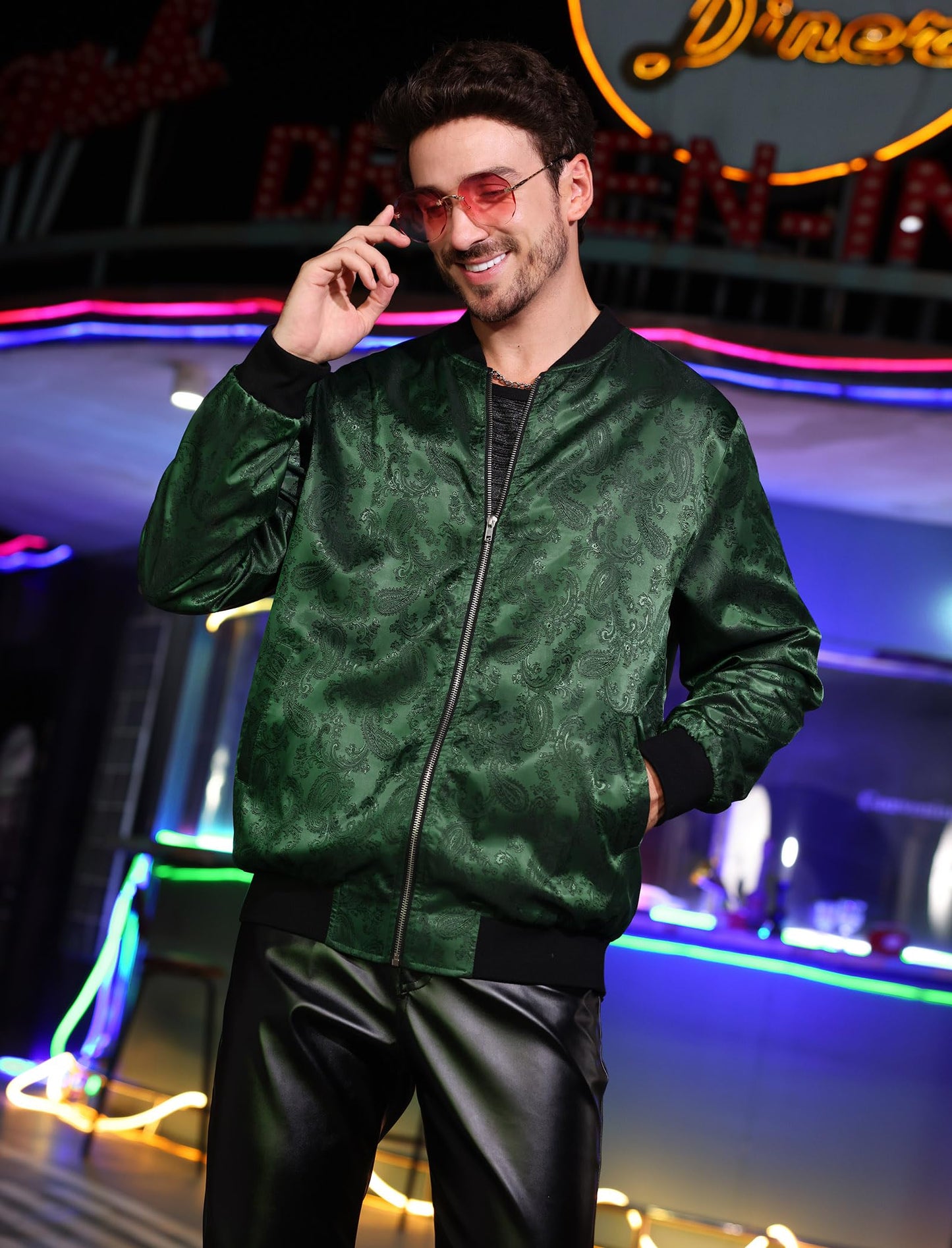 OLEMEK Men's Bomber Jacket Long Sleeve Zipper Paisley Floral Jacket Lightweight Casual Windbreaker Night Party Nightclub Jackets Dark Green XL