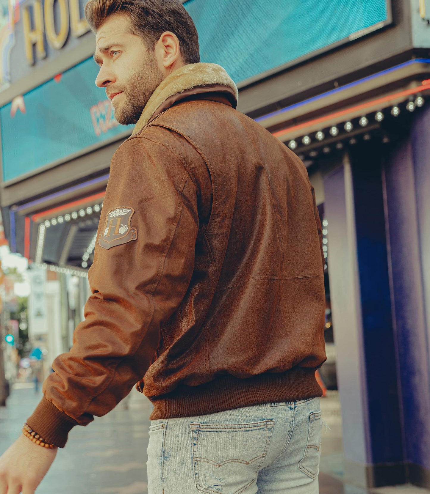 FLAVOR Men's Real Leather Bomber Jacket with Removable Fur Collar Aviator (Medium, Brown)