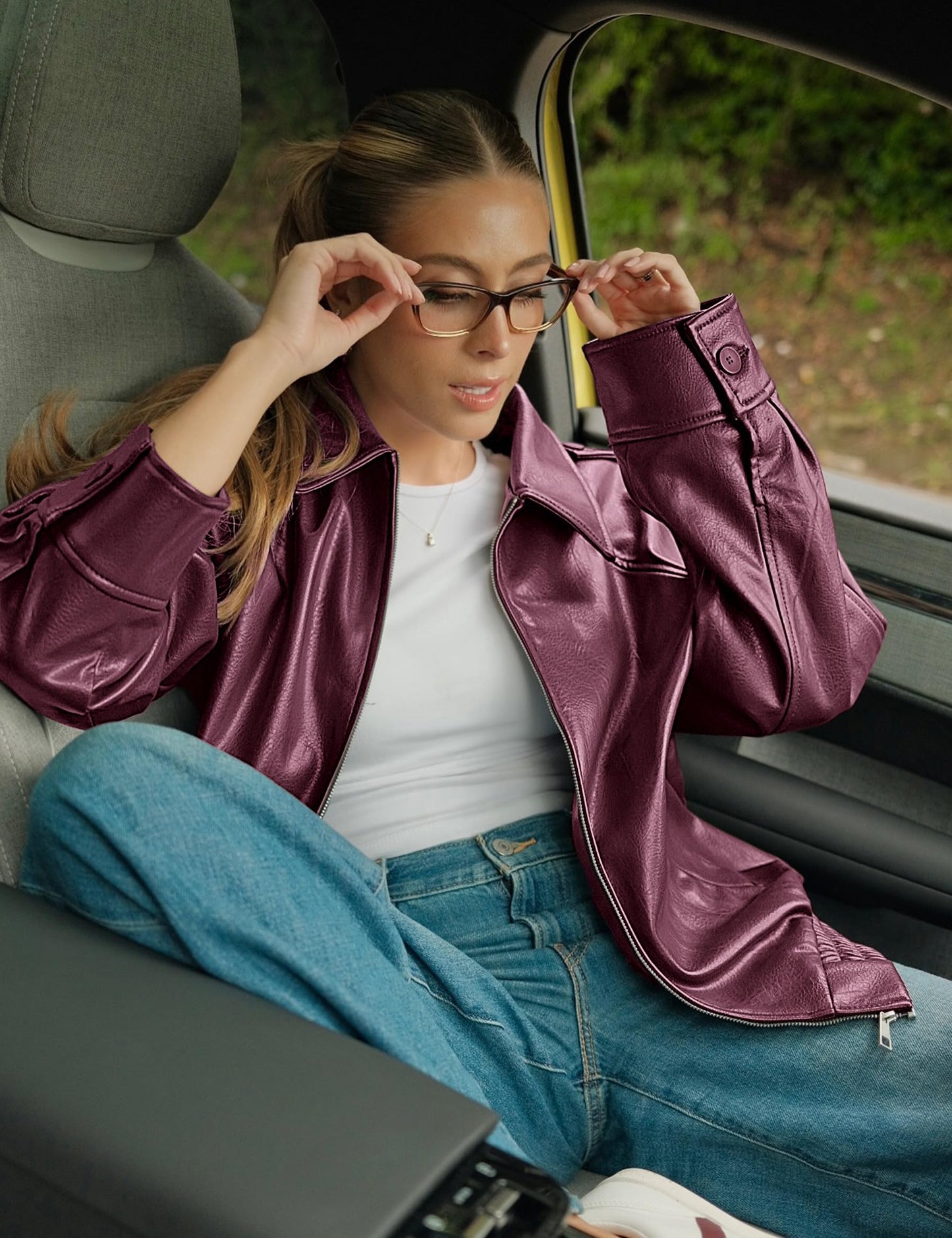 PHISOCKAT Women's Oversized Faux Leather Zip Up Bomber Jacket