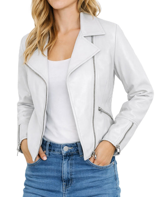 Leather Artist Women’s Real Lambskin Asymmetrical Motorcycle Jacket-Biker Style Genuine Womens Leather Jacket (LA-Biker.Wo-White-L)