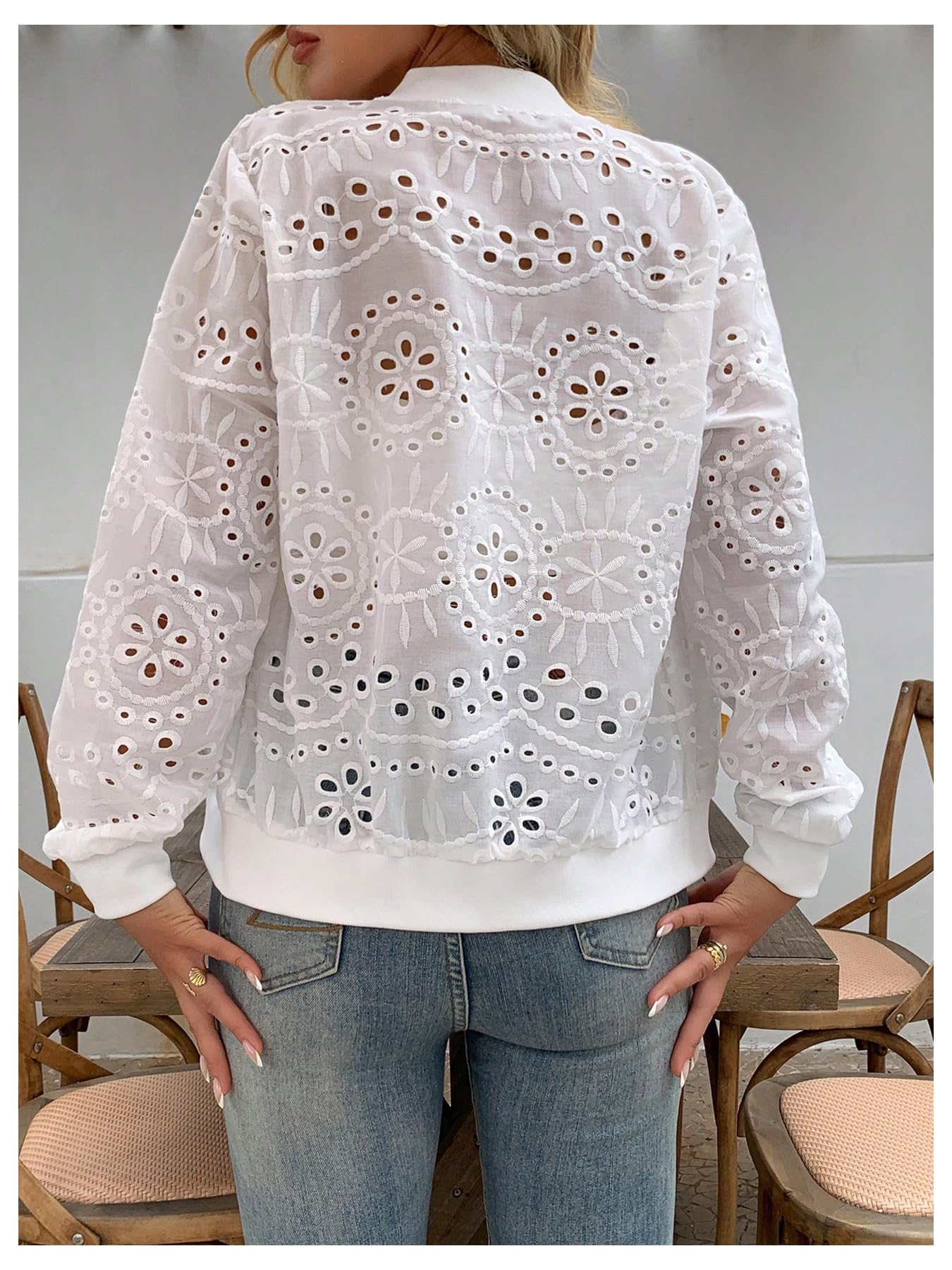 WDIRARA Women's Eyelet Embroidery Bomber Jacket Zip Up Long Sleeve Coat