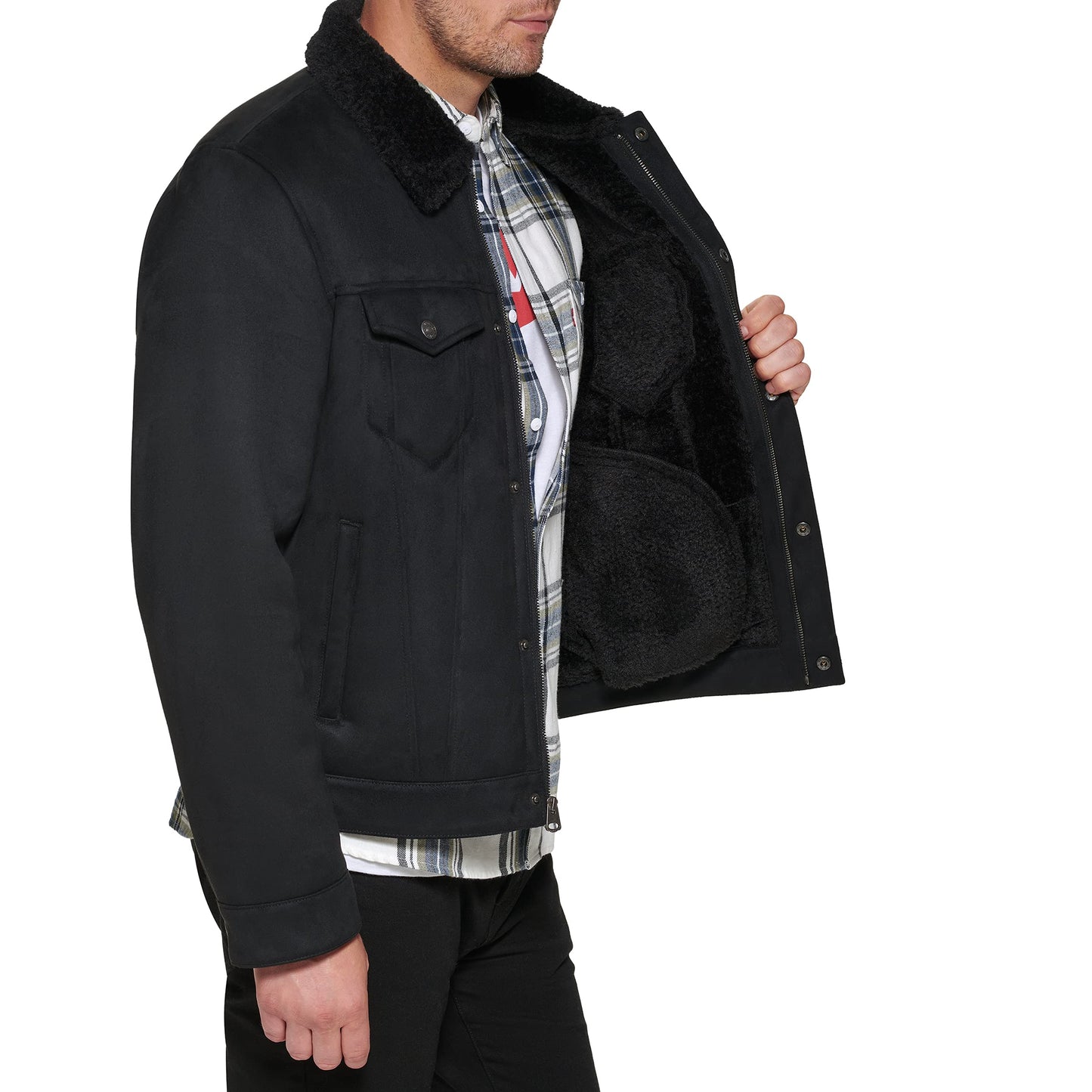 Levi's Men's Faux Leather Sherpa Lined Trucker Jacket, Black Faux Shearling, Small