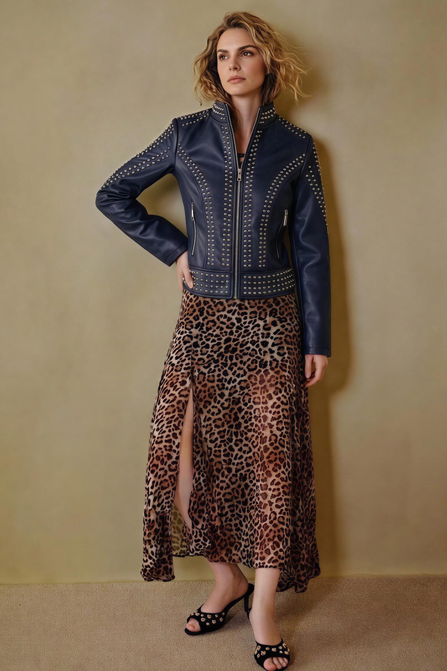 Bellivera Women's Faux Leather Moto Studded Rivet Casual Jacket D.Blue L