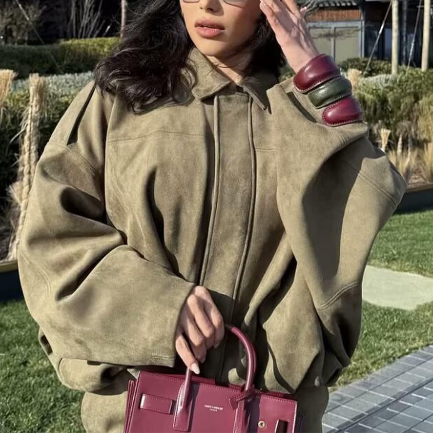 JoinQueen Faux Suede Jacket Women Oversized Long Sleeve Zip Up Epaulet Bomber Leather Jackets Oversized Casual Coat(Army-Green,M)