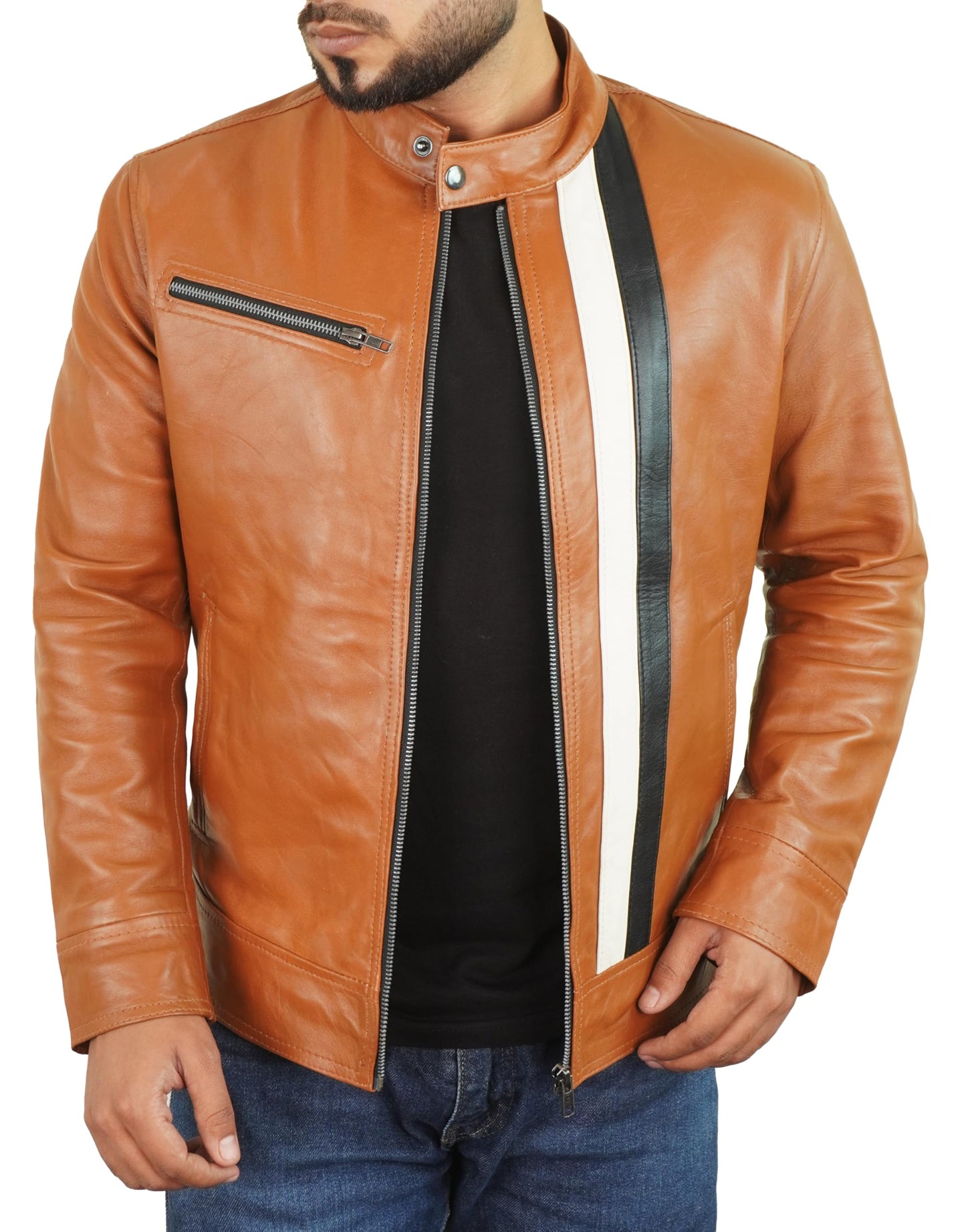 Cafe Racer Leather Jacket Men - Mens Brown Leather Jacket | Stripe Brown - L