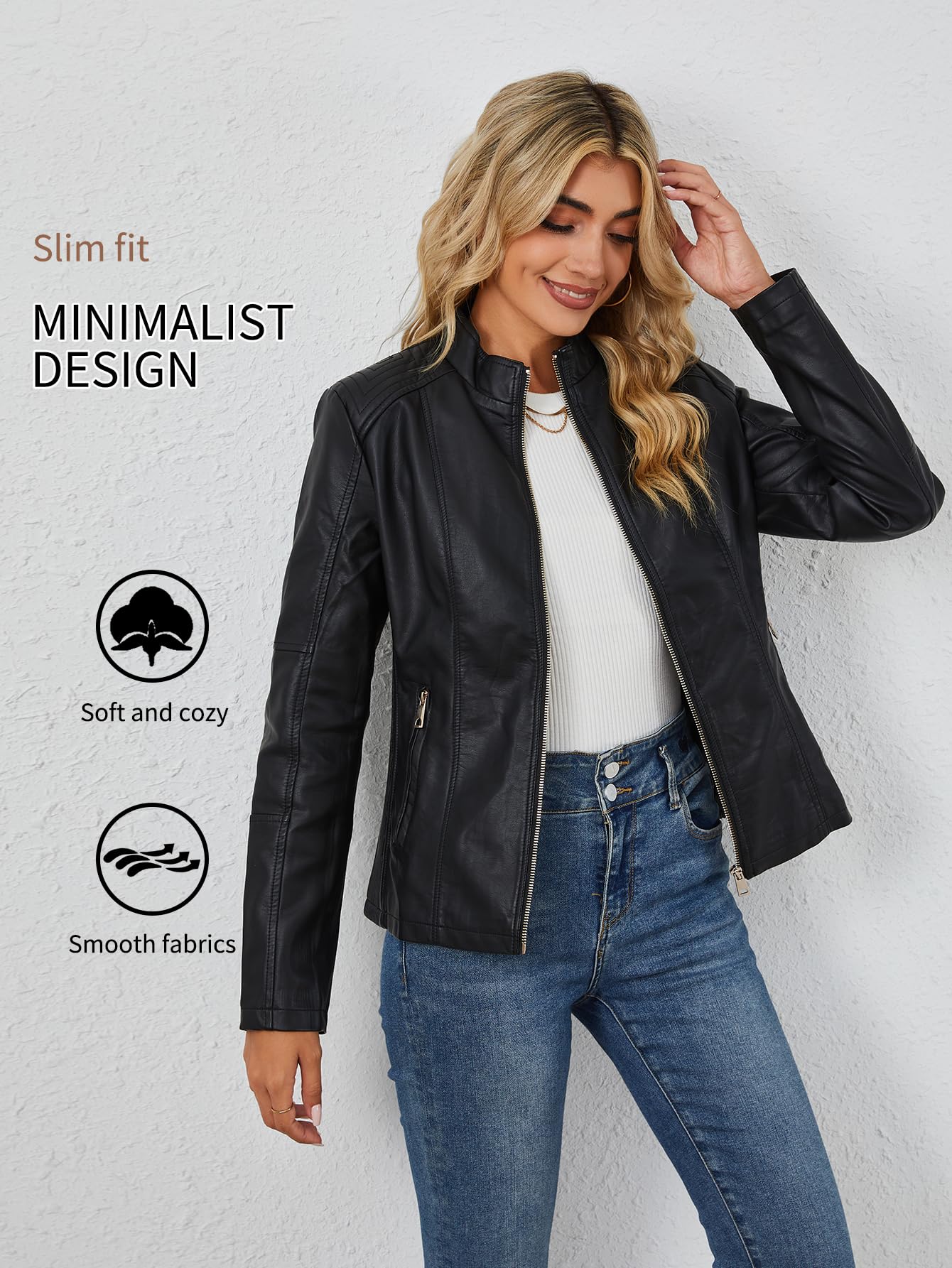 Bellivera Faux Leather Jacket Women Motorcycle Zipper Stand Collar Bomber PU Bike Coat with Pockets PU37 Black M