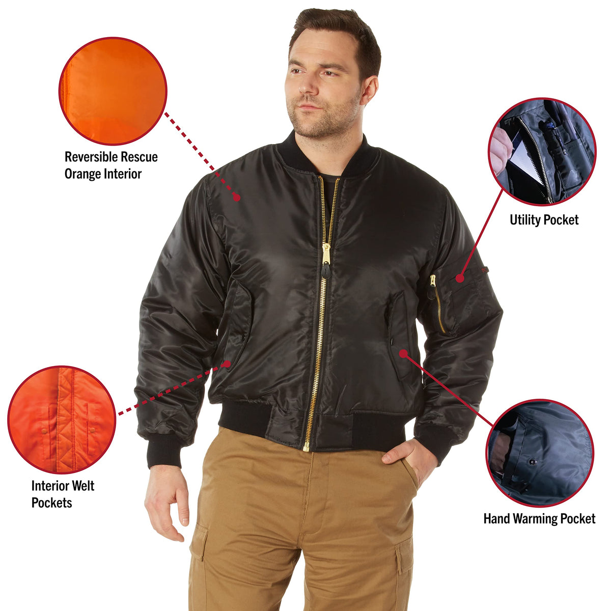 Rothco MA-1 Flight Jacket – Iconic Bomber Style Cold Weather Coat Windbreaker, Black, M