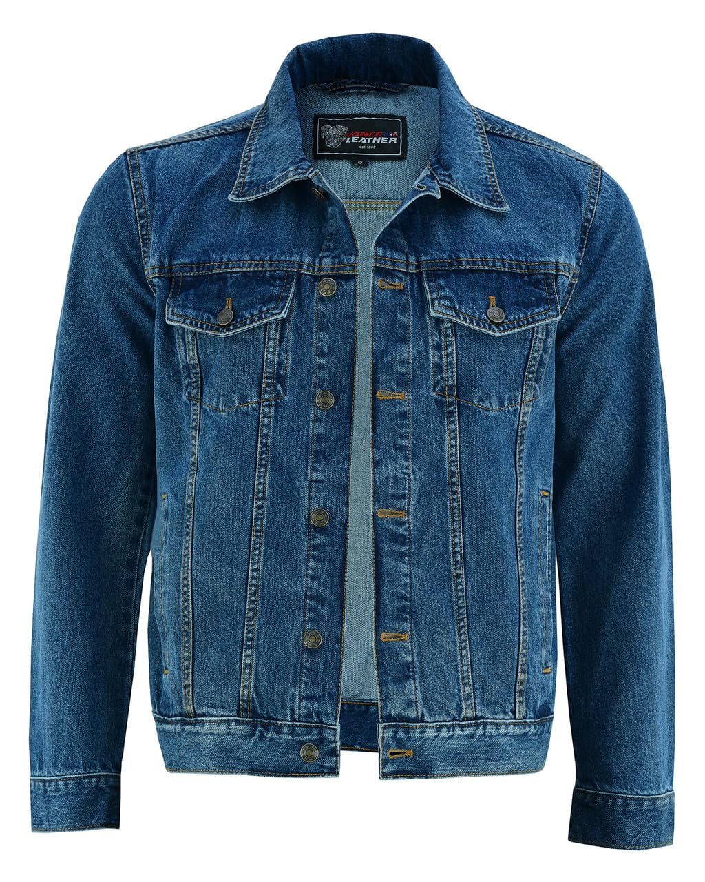Vance VB510BL Men's Blue Heavy Duty Trucker Denim Button Front Motorcycle Jacket (Blue, XL)