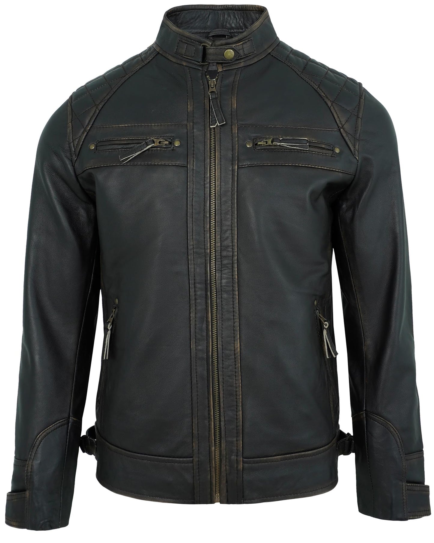 UrbanFocal Brown Leather Jacket Men - Quilted Moto Jacket Men for Bikers | [101000303] Diamond1 Ruboff, M