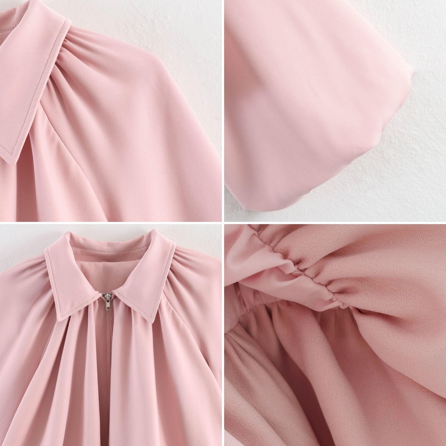Xunger Women’s Puff Sleeve Bomber Jacket Casual Lapel Collar Full Zip Loose Fit Fashion Spring Fall Crop Pleated Shirts(1129-Pink-M-RD)