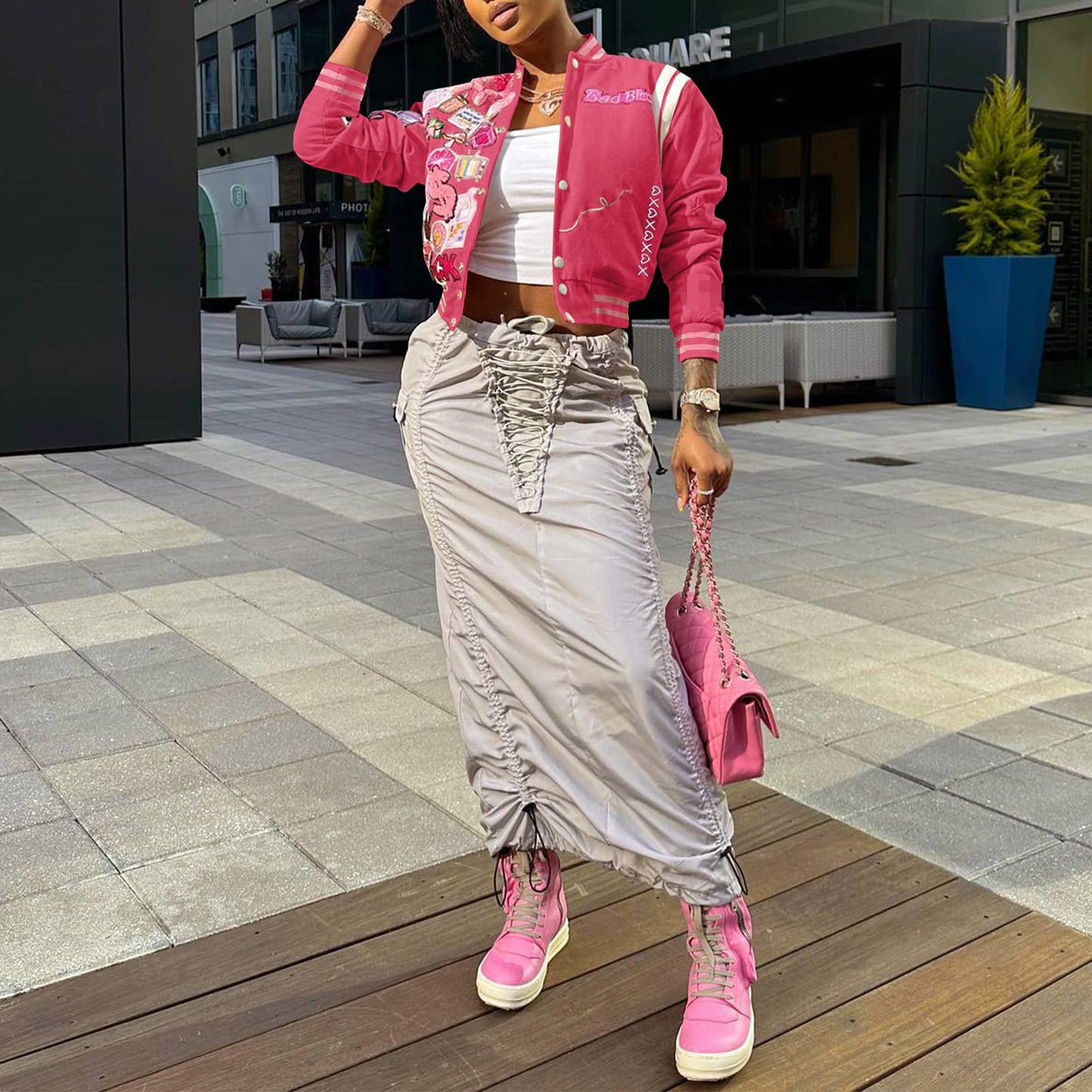 SaytoRose Varsity Jacket Women Print Vintage Patches Letterman Cropped Bomber Jacket Lightweight Dressy Cute Coat(Hot Pink,S)