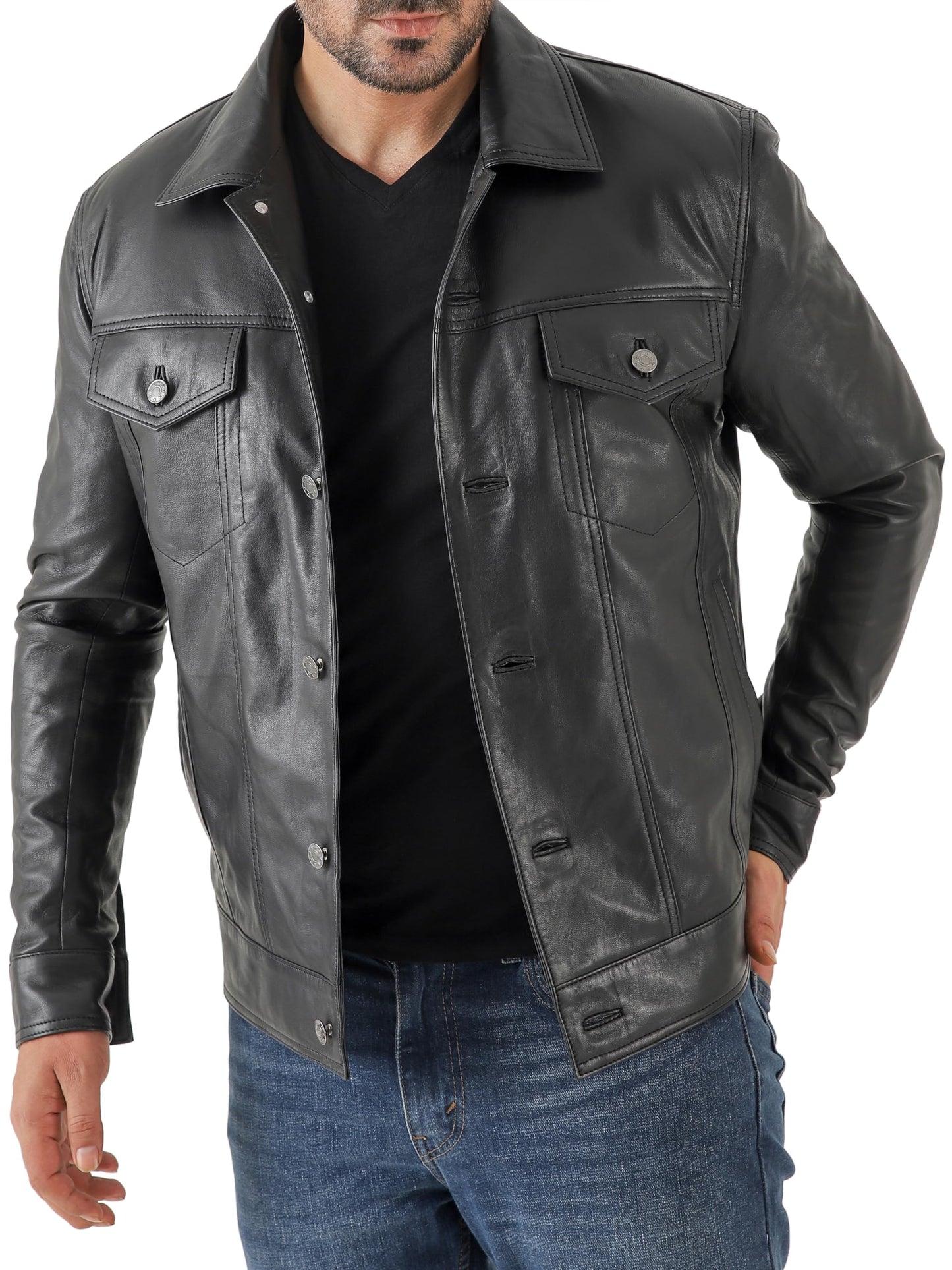 Jild Classic Trucker Fashion Leather Jacket Men - Premium Suede Leather Shirt Style Coat Jacket (Trkr-Blk-L)