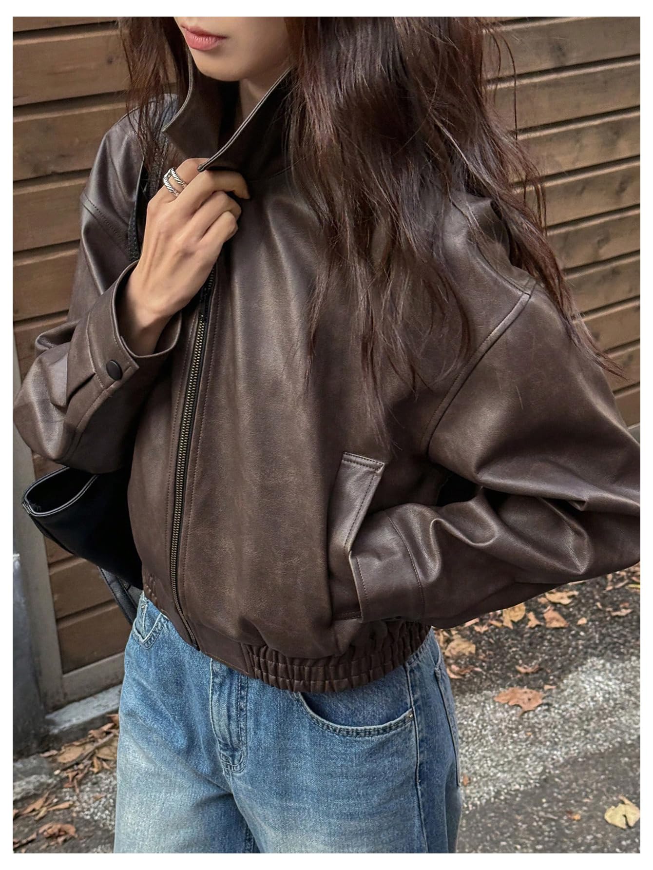 Milumia Women's Faux Leather Zip Up Jacket Vintage Collared Long Sleeve Motorcycle Jackets Brown Small
