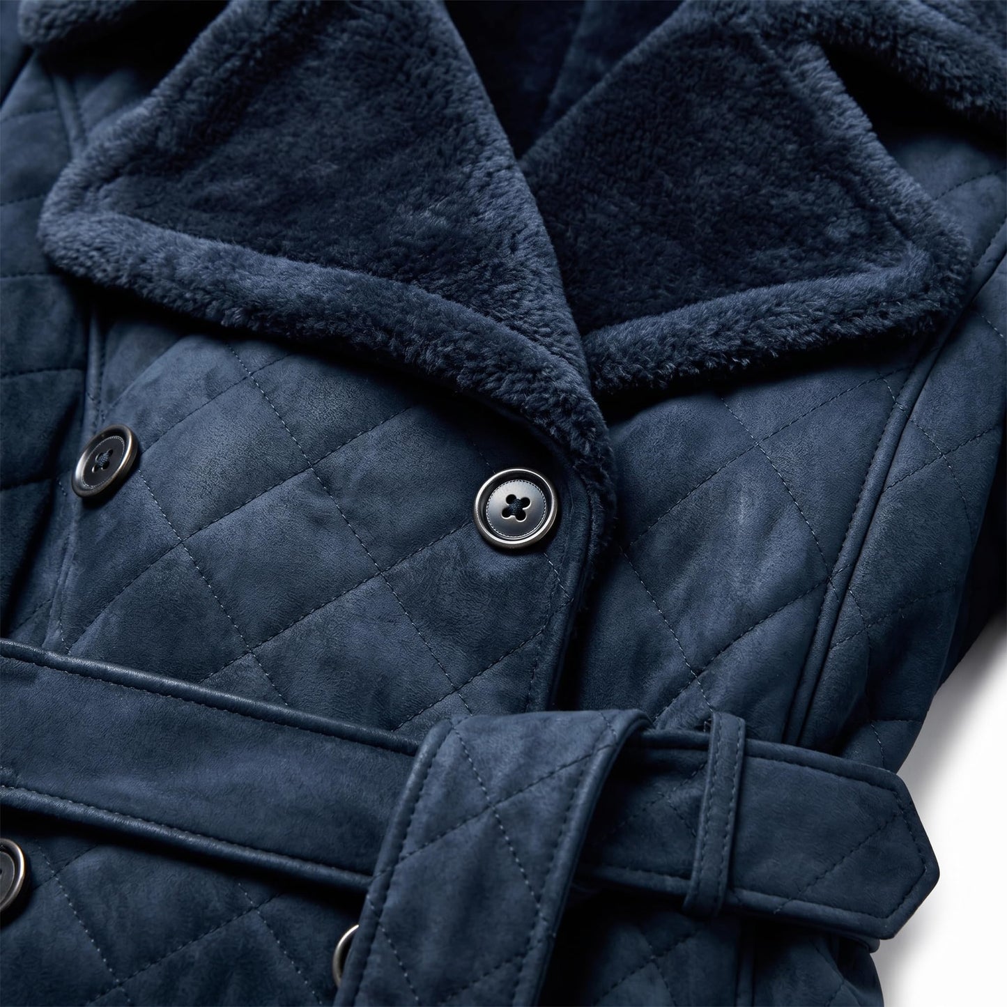 Women’s Navy Blue Suede Trench Coat Double Breasted Knee Length Autumn Quilted Leather Outerwear With Belt & Diamond Stitch (US, Alpha, X-Large, Regular, Regular, Navy Blue)