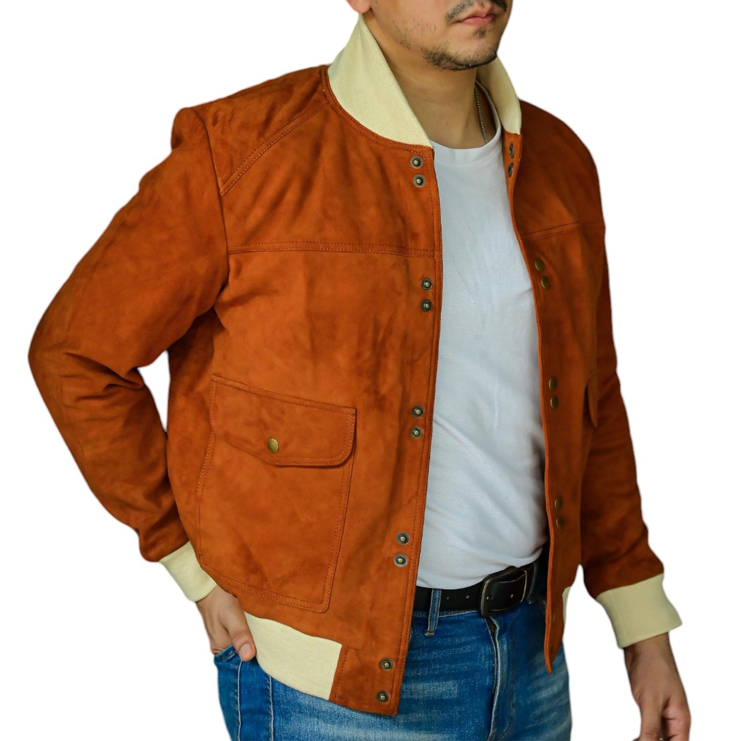 Jild Varsity Style Leather Bomber Jacket Men - Casual Fashion Real Suede Classic MA-1 Leather Jacket Men (SB-Tan-M)