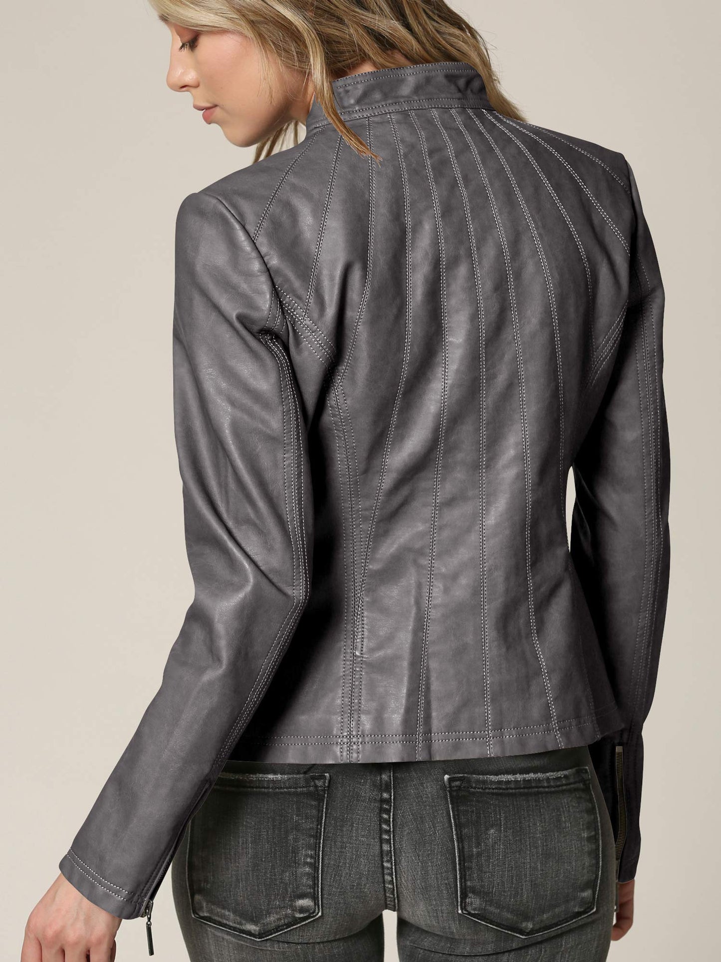 Lock and Love LL WJC877 Womens Panelled Faux Leather Moto Jacket XL GREY