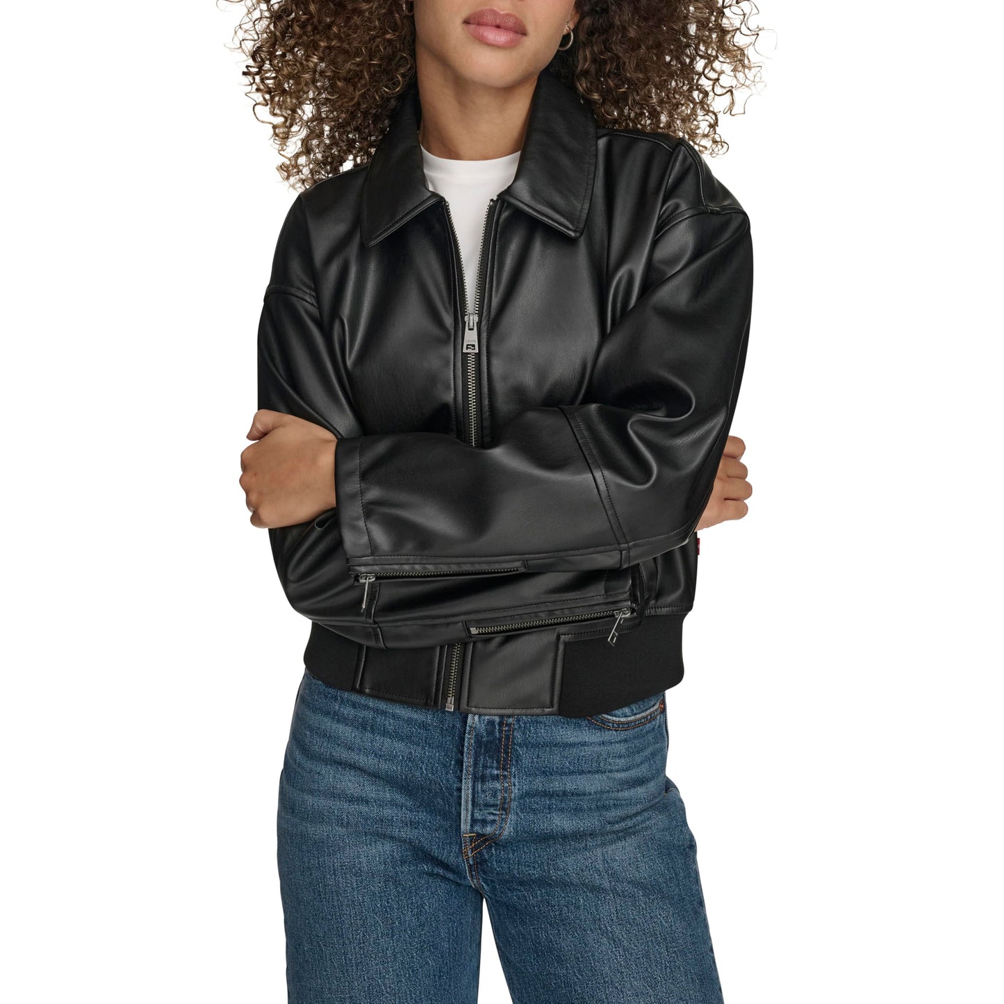 Levi's Women's Faux Leather Bomber with Laydown Collar, Black, Medium