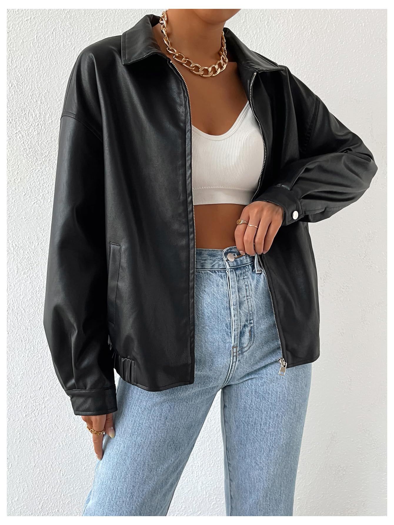 MakeMeChic Women's Faux Leather Shacket Long Sleeve Zip Up Motorcycle Jacket Biker Coat Black M