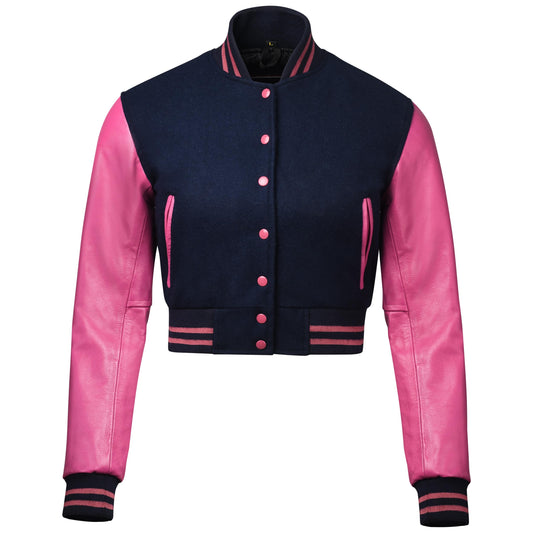 Cropped Varsity Jacket Women – Letterman Jacket Woman with 100% Cowhide Leather Sleeves & Wool Body – Baseball Jacket for Woman – Button Closure