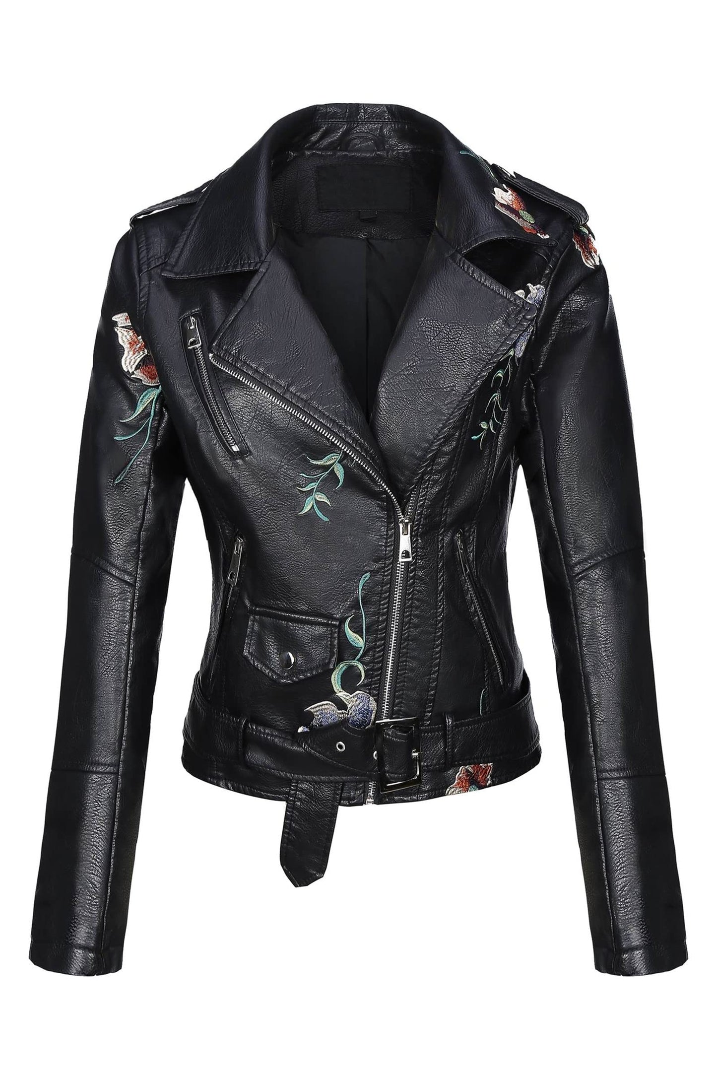Bellivera Women's Faux Leather Jacket Floral Lightweight Moto Coat Black 1XL