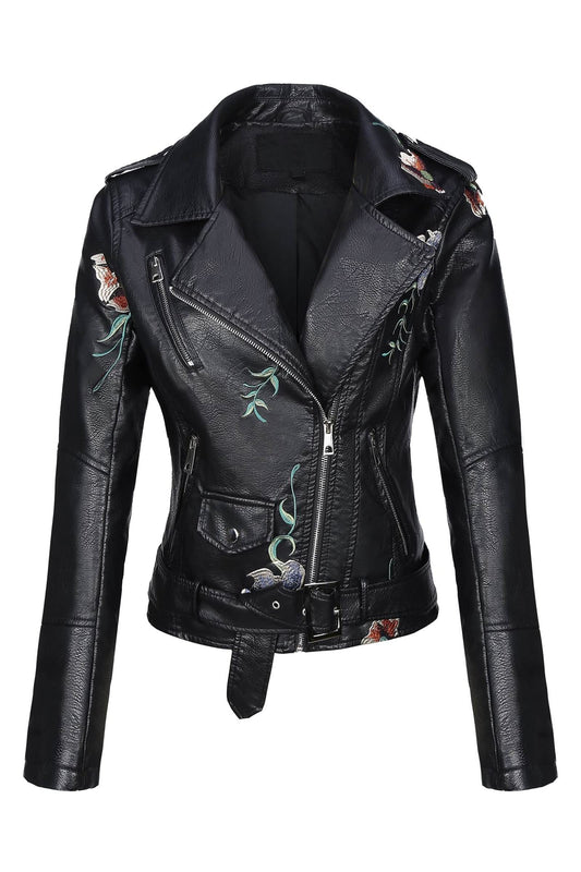 Bellivera Women's Faux Leather Jacket Floral Lightweight Moto Coat Black 2XL