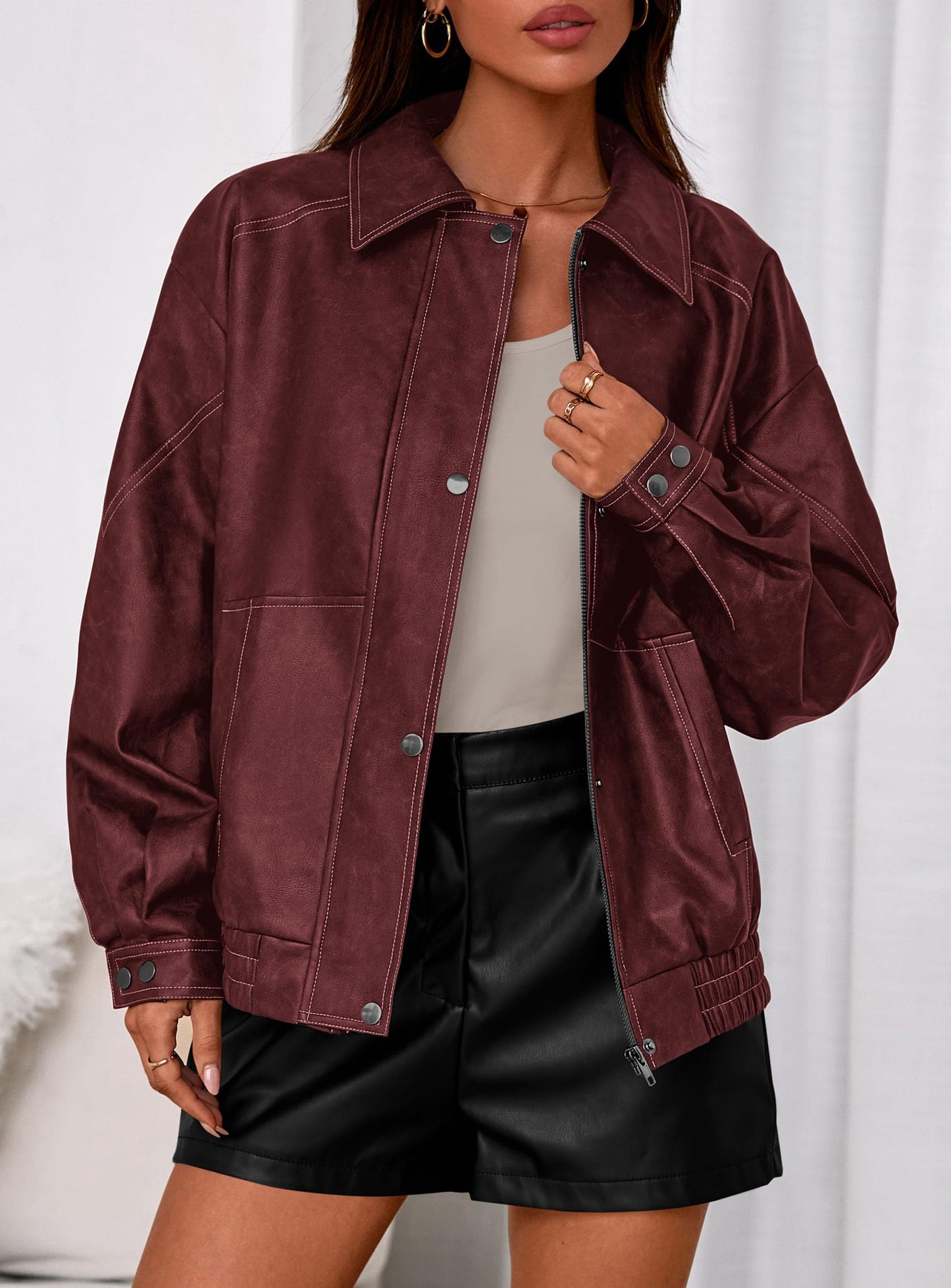 PRETTYGARDEN Faux Leather Jacket Women Bomber Motorcycle Zip Up Jackets Oversized Fall Fashion Outfits 2026 Winter Coats (Wine Red,Large)