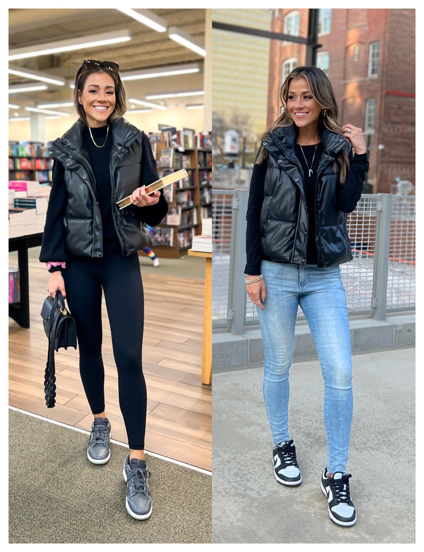 UANEO Womens PU Leather Cropped Puffer Vest Winter Faux Leather Zip Up Sleeveless Jacket (Black, Large)