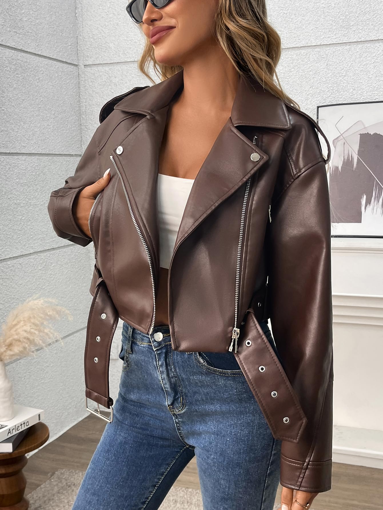 LY VAREY LIN Women Faux Leather Cropped Jacket Vegan Motor Biker Coat with Belt