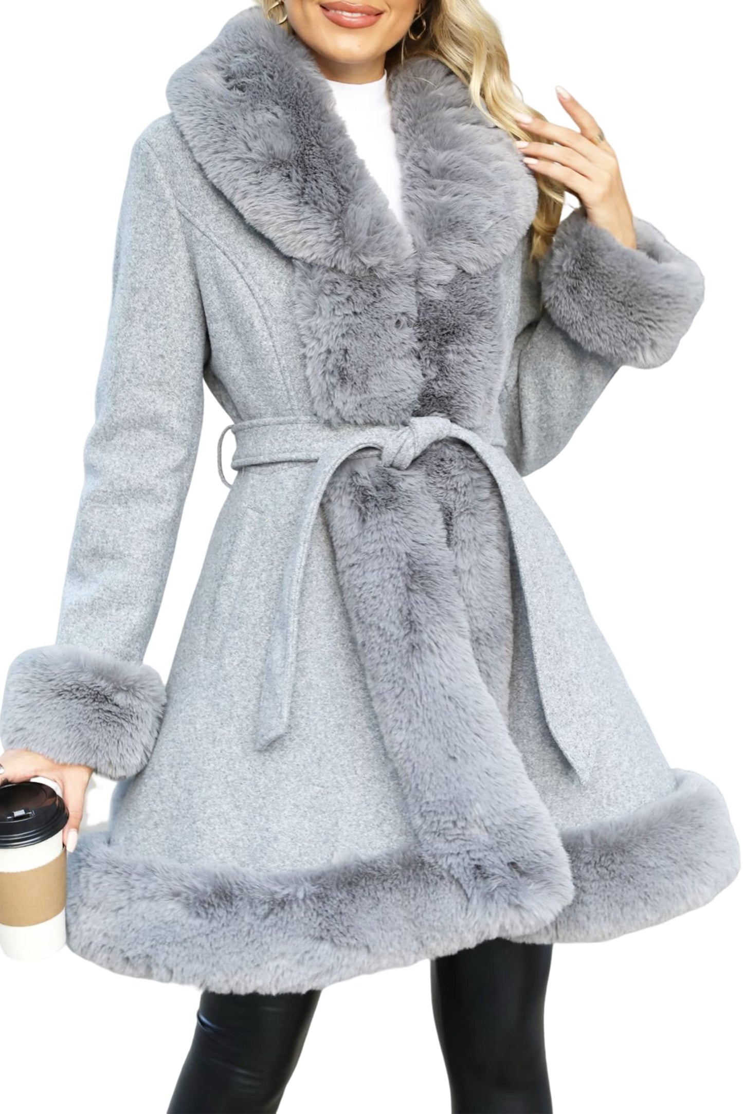 Bellivera Faux Fur Jacket Women Fur-lined Winter Thicken Parka Long Sleeve Coat with Belt 242A Grey L