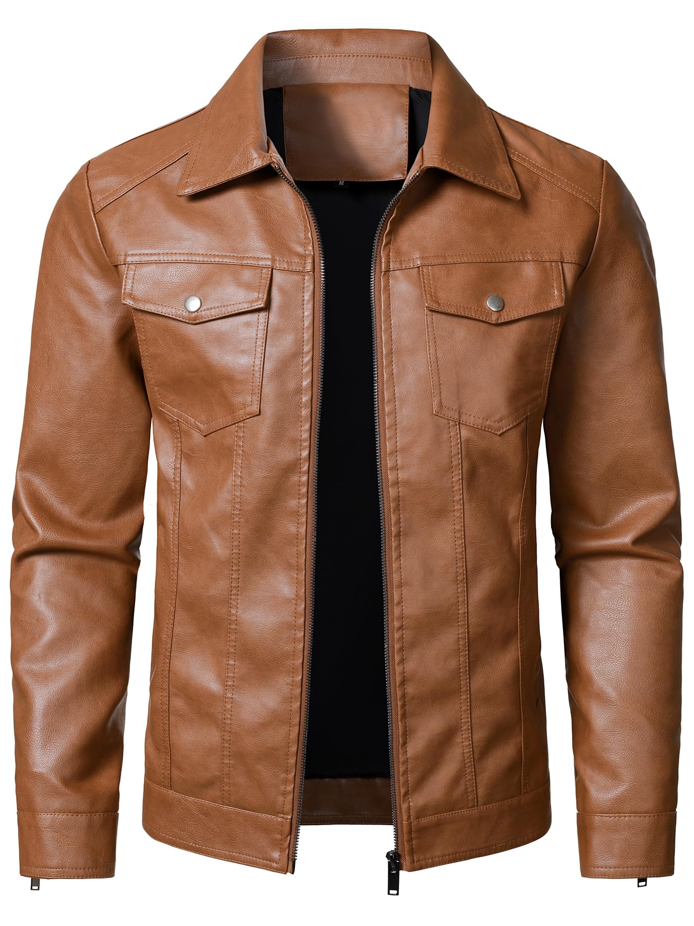 HOOD CREW Mens Leather Jacket Motorcycle Biker Jackets Casual Lightweight Faux Leather Outwear Light Brown M