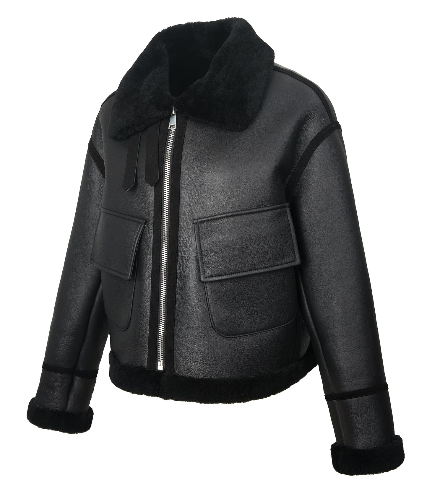 FLAVOR Classic Shearling Jacket for Womens Bomber Leather Winter Jacket Warm Black (Black, XL)