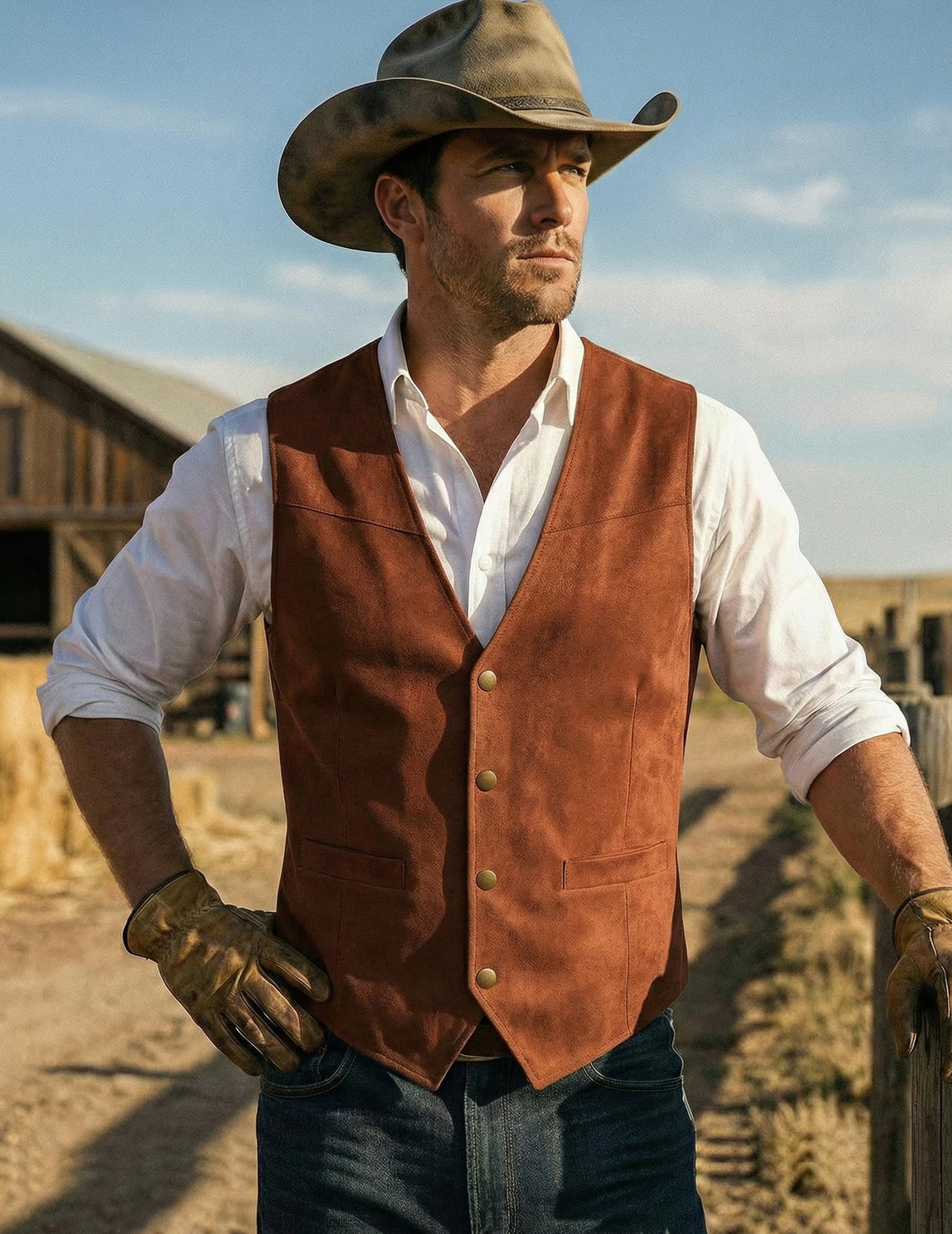 COOFANDY Men's Suede Leather Vest Casual Western Vest Jacket Slim Fit Cowboy Waistcoat (Medium, TypeA-Brown)
