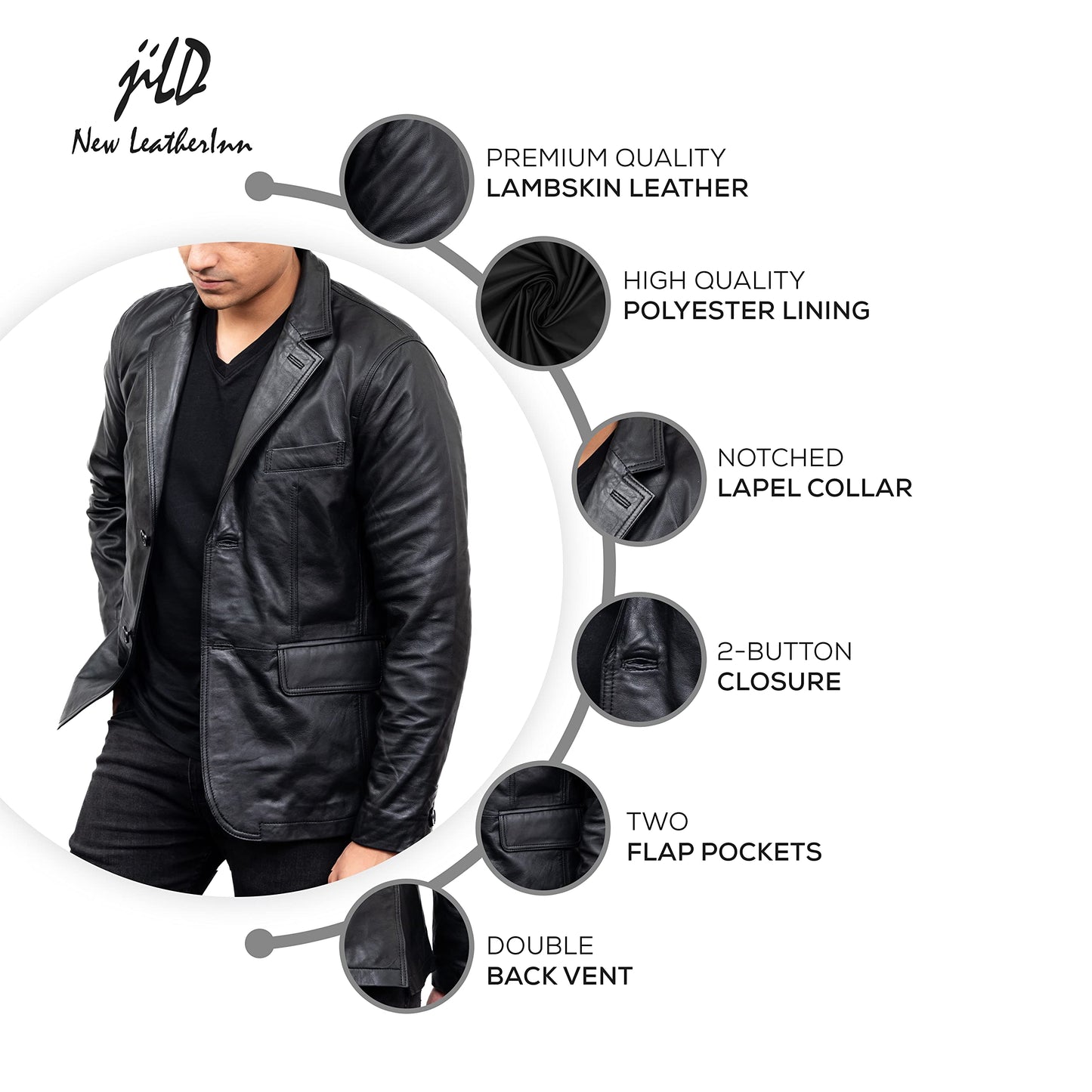 Jild Lambskin Leather Jacket Men Casual Coat – Notched Collar Classic Bond’s Style Ultimate Leather Blazer for Men (NC-Blk-XXL)
