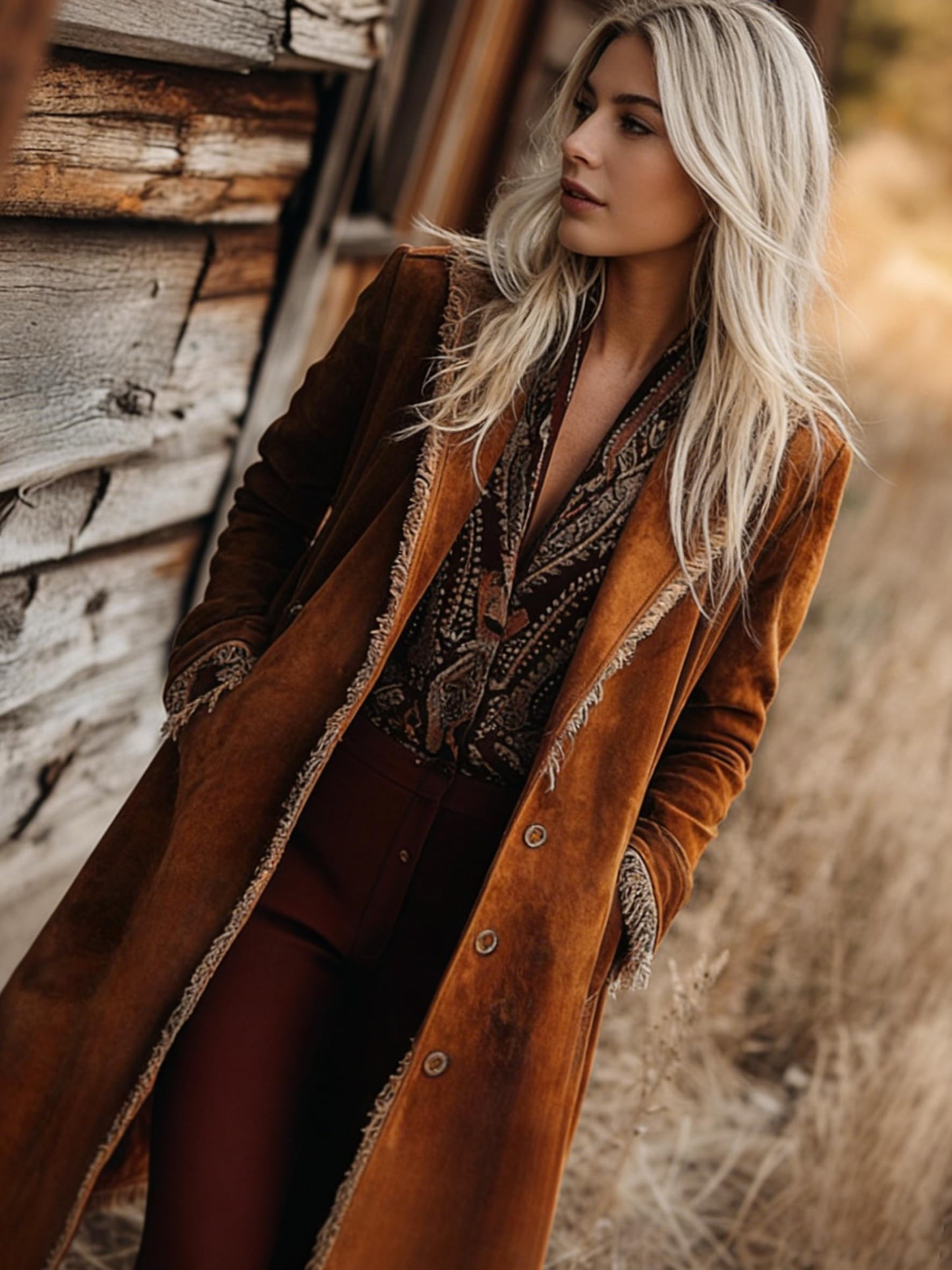 utcoco Women's Long Suede Trench Coat, Retro Western Coat with Tassel, Classic Lapel Windproof Trench Overcoat (Large, Brown)