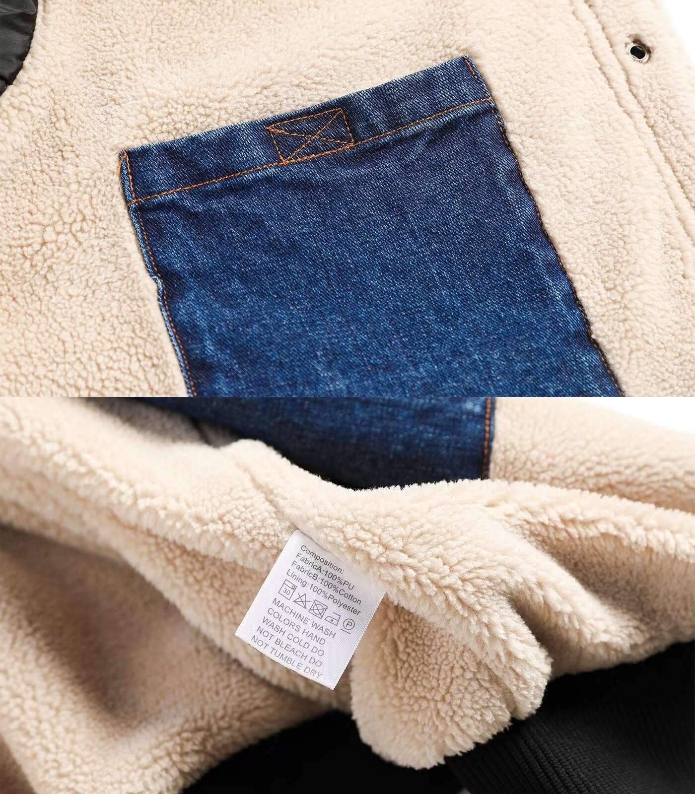 INVACHI Men's Denim Jaceket Vintage Fleece Lined Lapel Trucker Jacket with Leather Patchwork