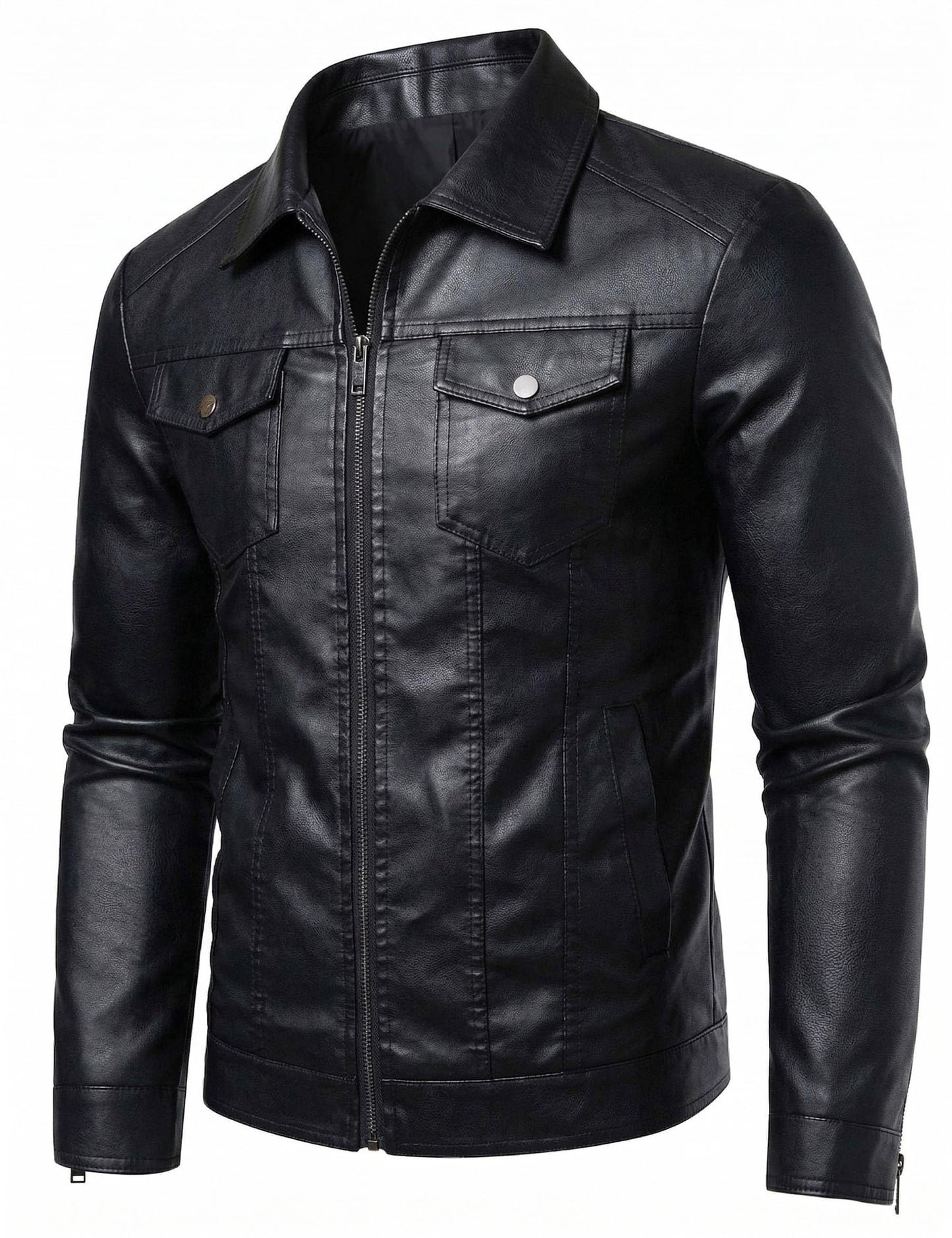 Zbrandy Black Leather Jacket Men Faux Leather Jackets Motorcycle Jacket Casual Zip Up with Turn-Down Collar Biker Outerwear Coat XL