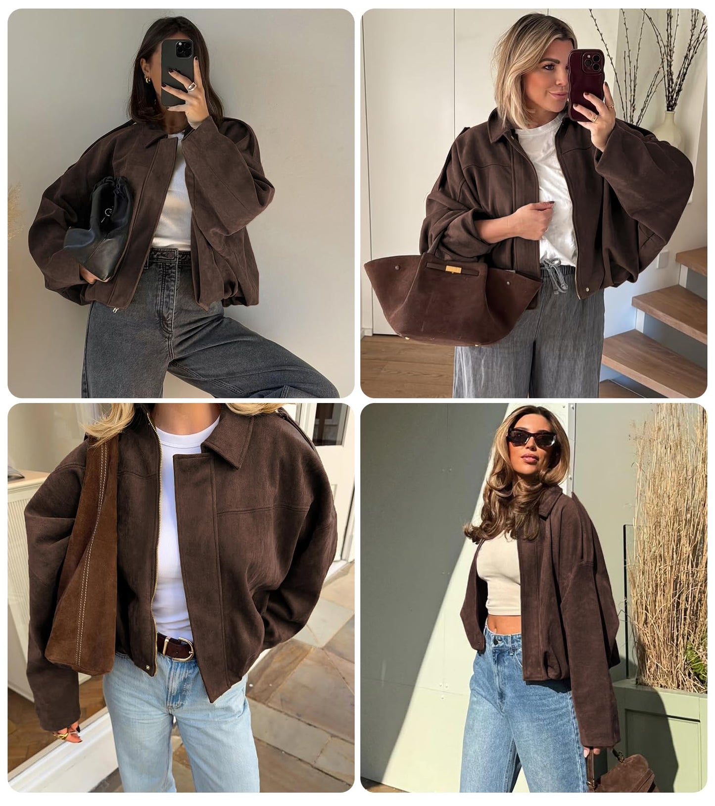 Bnigung Womens Faux Suede Bomber Jacket Casual Lapel Pilot Cropped Coat Oversized Motorcycle Jackets 2025 Outerwear(Coffee-M)