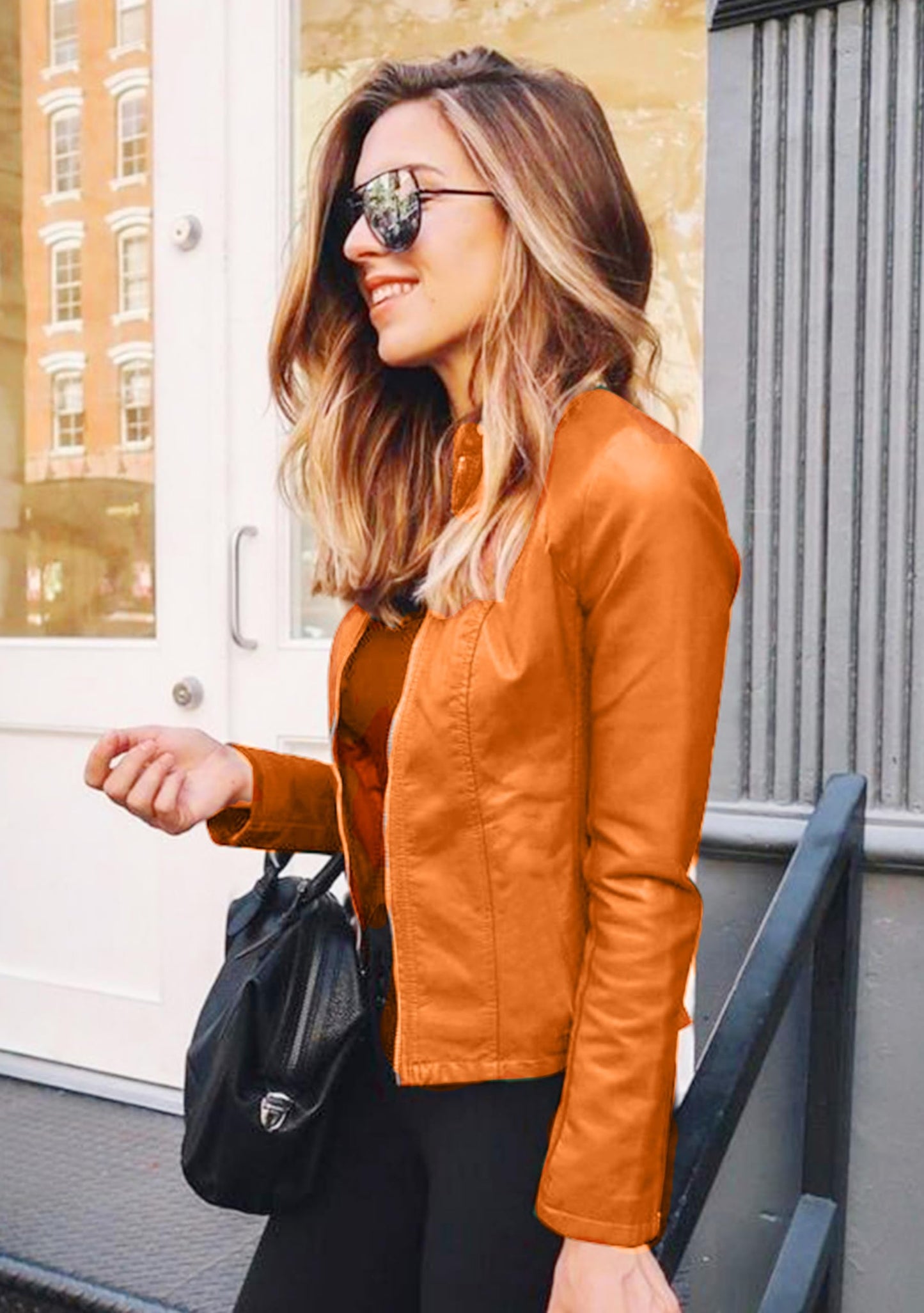 BOFETA Women's Casual Faux Leather Jacket Long Sleeve Casual Short Jacket Spring Loose Fit Coat Orange M