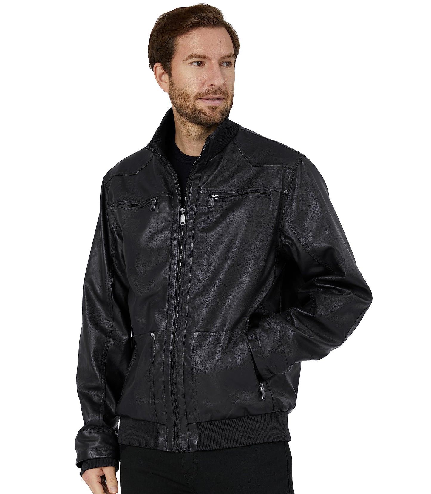 wantdo Mens Leather Jacket with Removable Hood Pure Black,S,(fleece Lining)