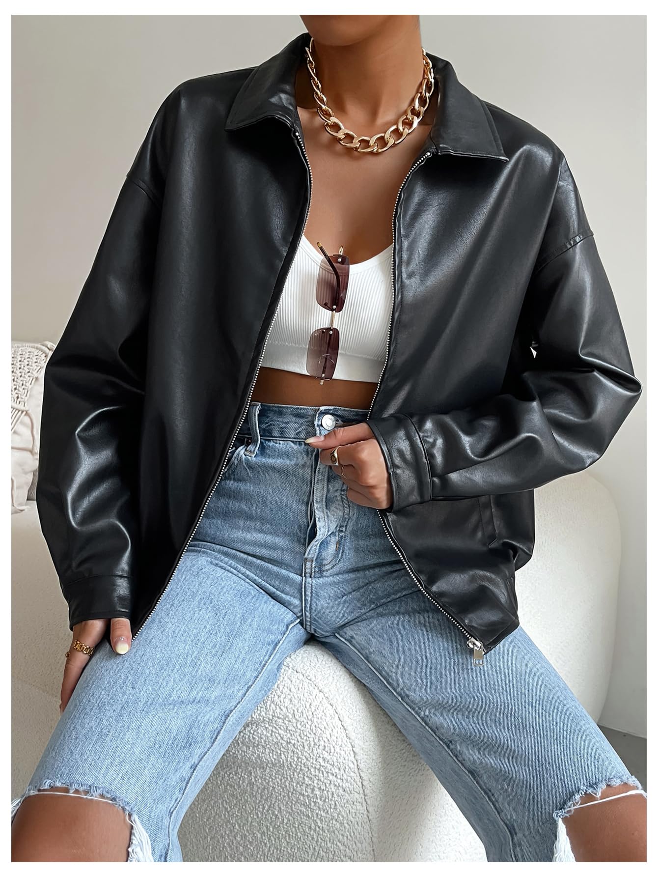 MakeMeChic Women's Faux Leather Shacket Long Sleeve Zip Up Motorcycle Jacket Biker Coat Black M
