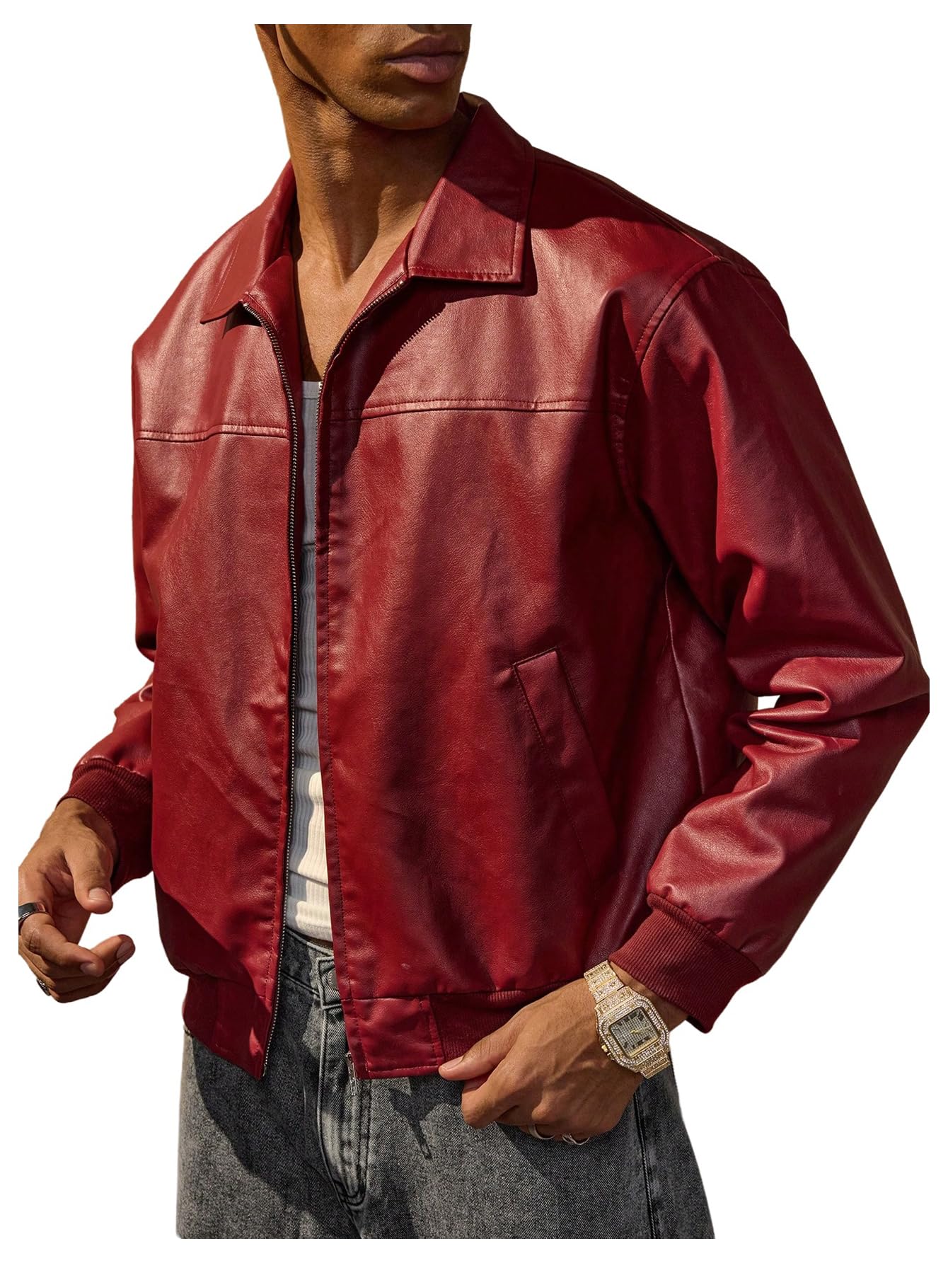 BEAUDRM Men's Vintange PU Leather Jackets Retro Zip Up Collared Motorcycle Outwear Streetwear Fight Club Leather Jacket Red Small