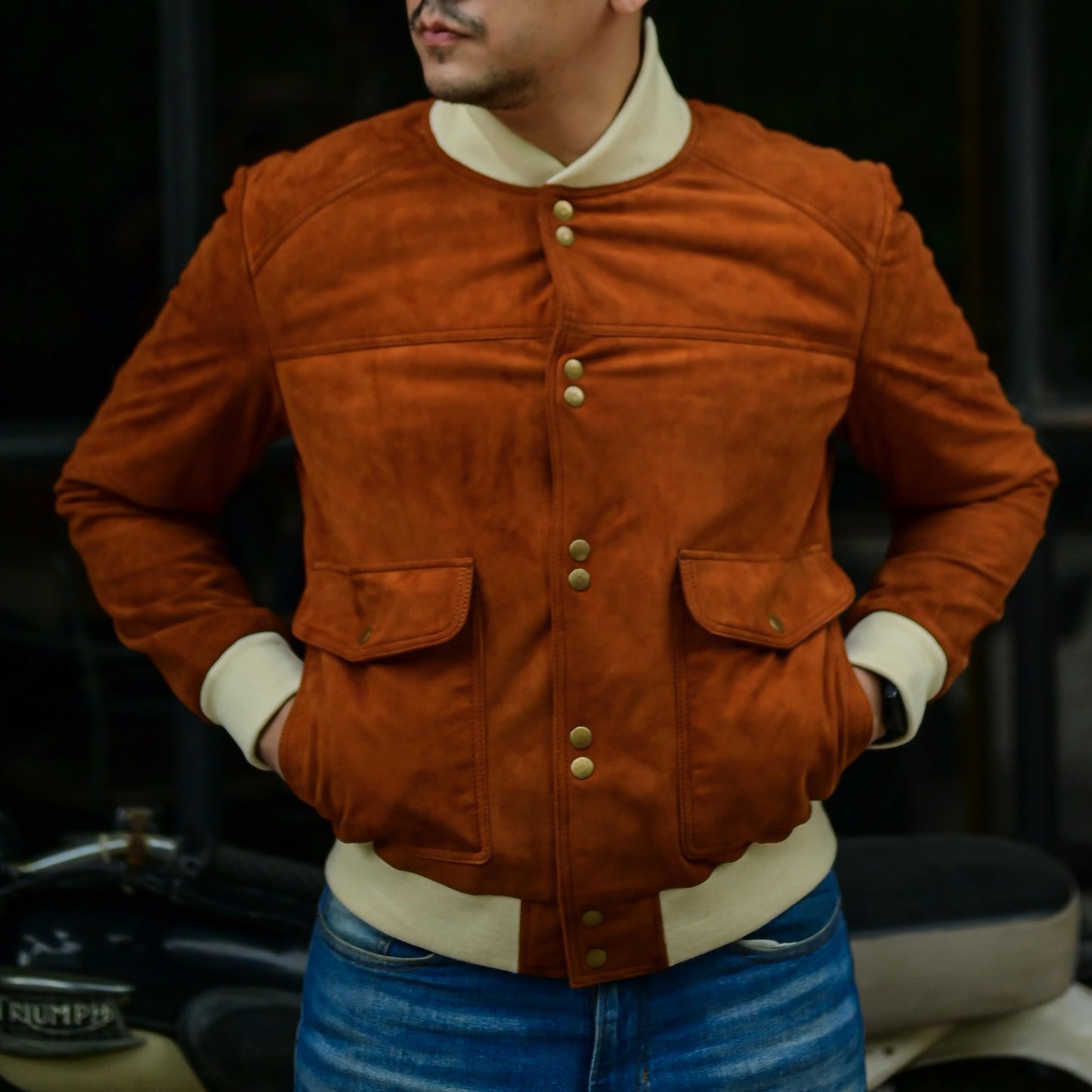 Jild Varsity Style Leather Bomber Jacket Men - Casual Fashion Real Suede Classic MA-1 Leather Jacket Men (SB-Tan-M)