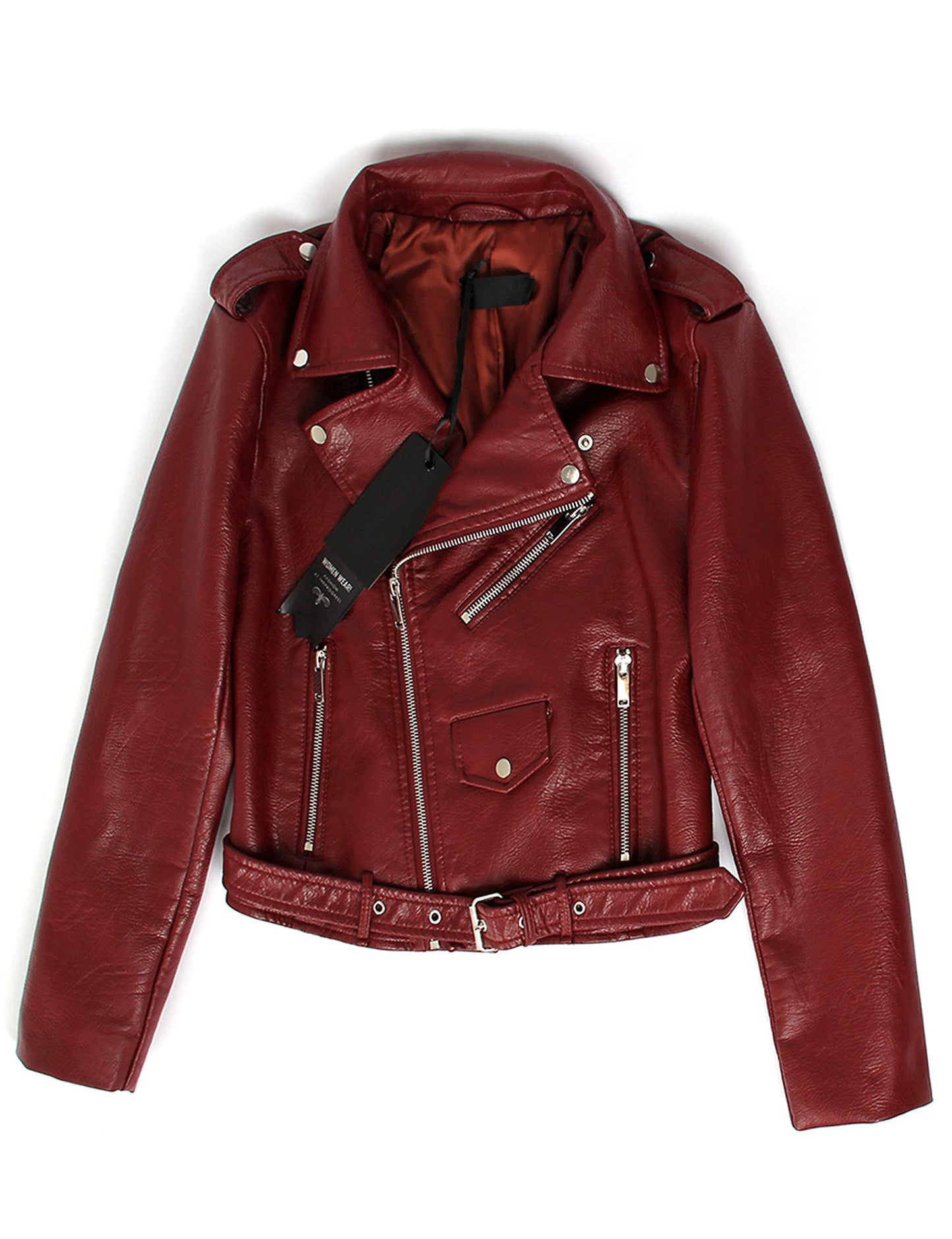 Jhichic Women's Faux Leather Textured Short Moto Jacket Zip-up Slim PU Biker Coat with Pockets (Wine, M)