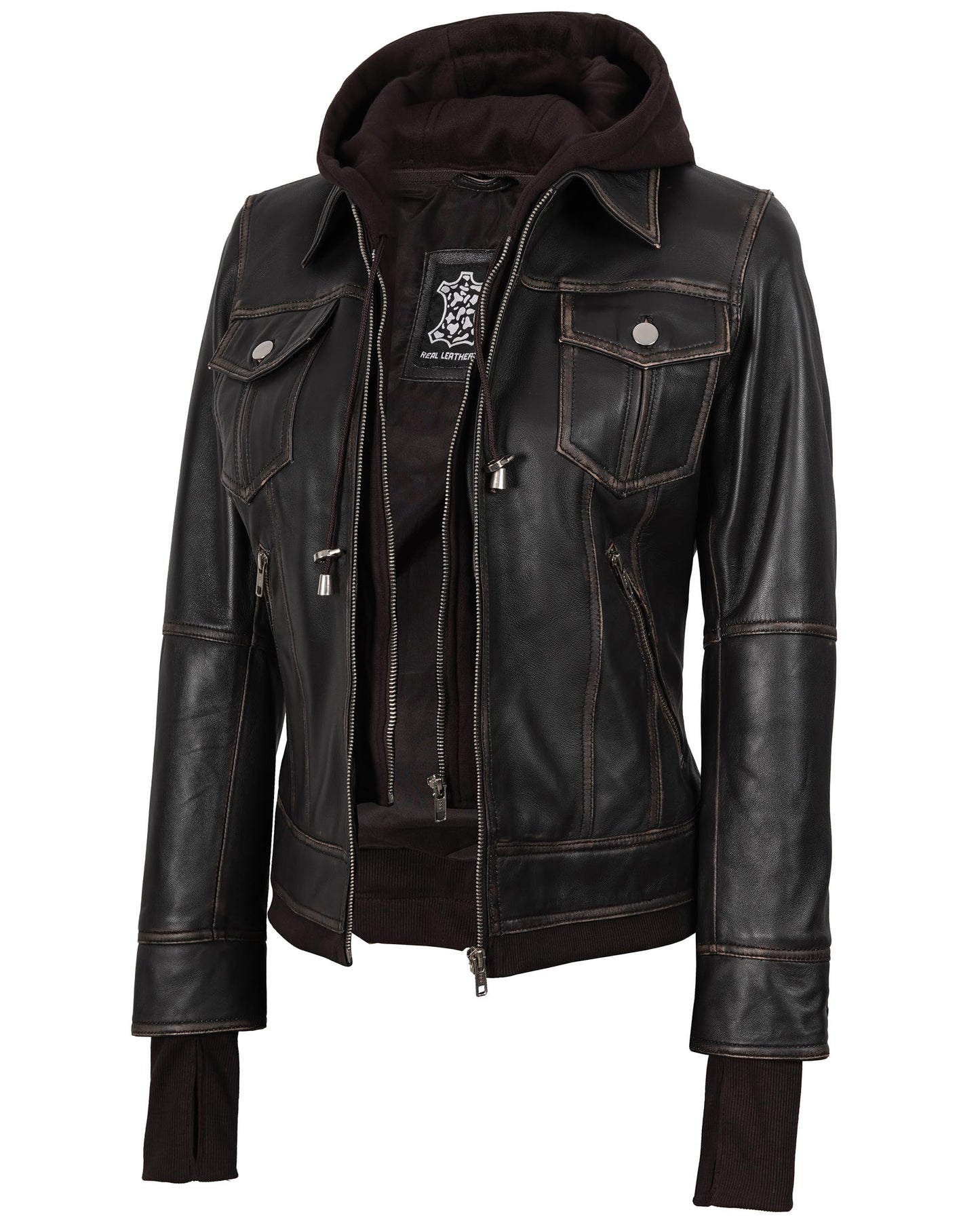 Blingsoul Biker Hooded Leather Jacket For Women | [1316123] Betty Ruboff, M