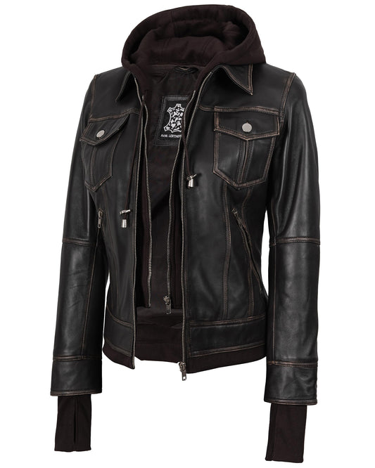 Blingsoul Biker Hooded Leather Jacket For Women | [1316123] Betty Ruboff, M