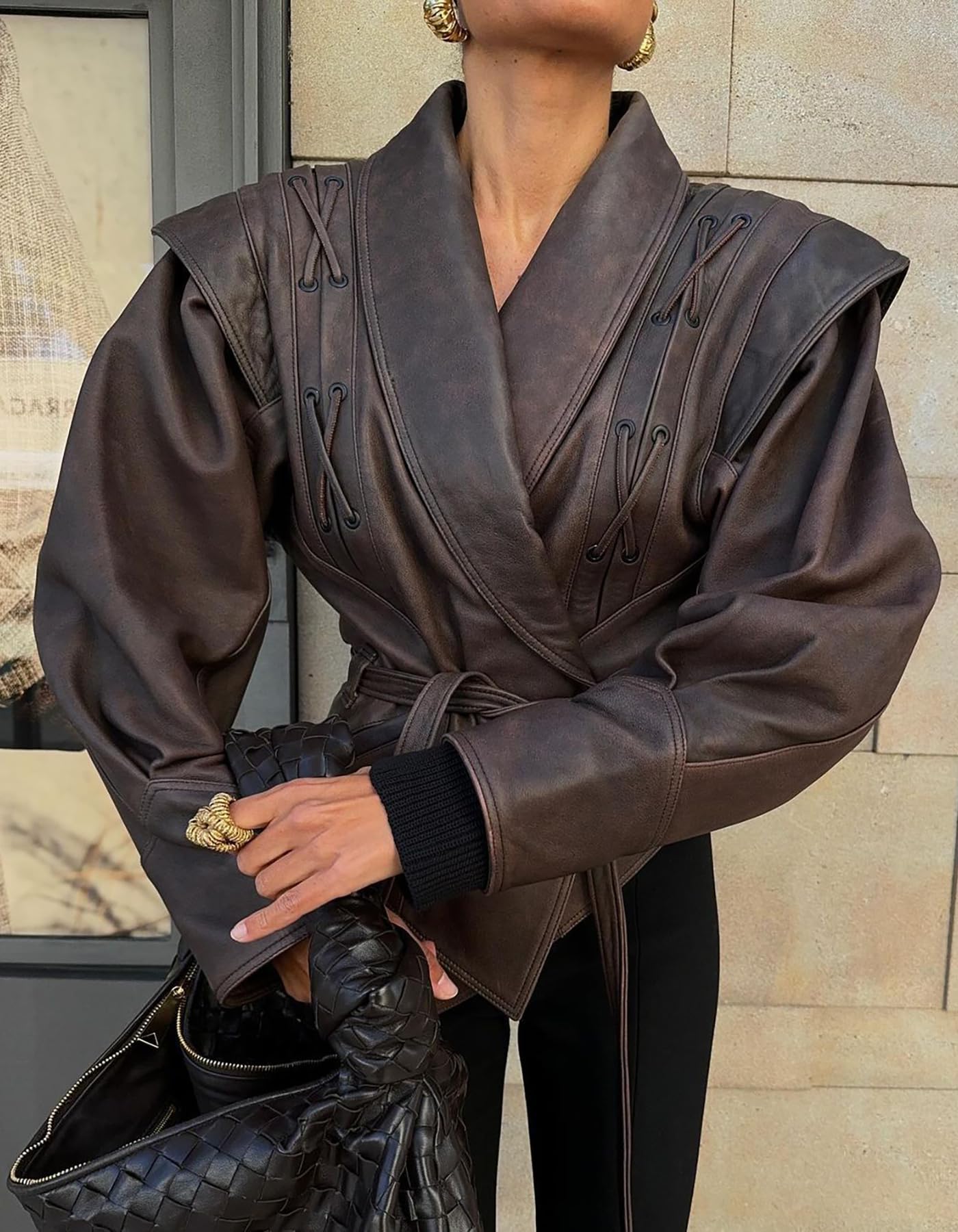 LETSVDO Leather Jacket Women Faux PU Oversized Lace Up Asymmetrical Belted Motorcycle Bomber Coats Fashion Fall Clothes